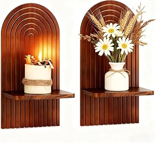 Mid Century Modern Candle Sconces: Set of 2 Walnut Boho Wall Candle Holder Decor for Living Room - Minimalist Mid-Century Candle Sconces Beside Fireplace