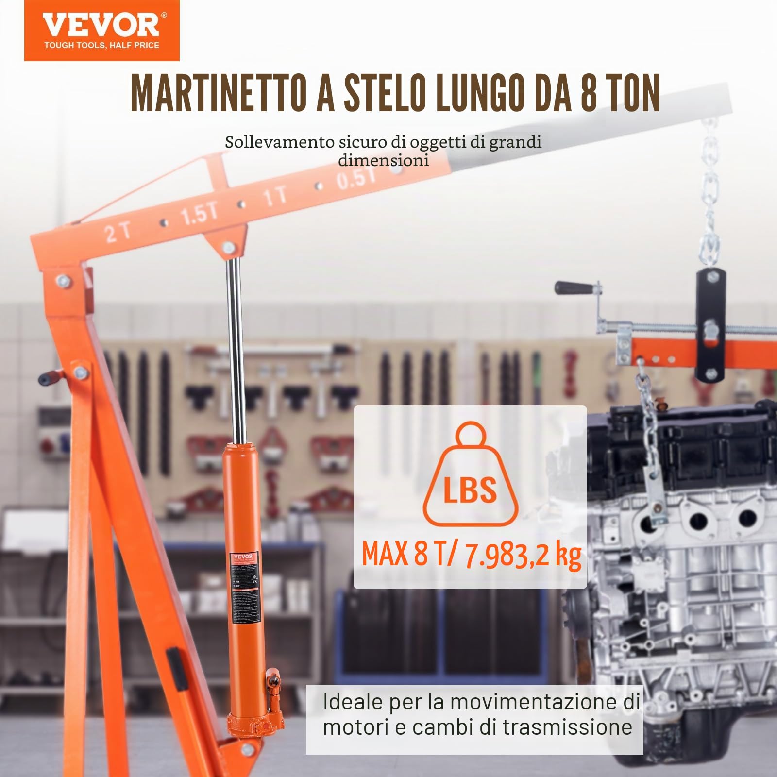 VEVOR Cric Idraulico Lungo, Cilindro di Sollevamento Motore 8 Tonnellate Base a Forcella, Cilindro Idraulico per Paranchi di Sollevamento Motore, Garage/Negozio, Meccanico, Agricolo
