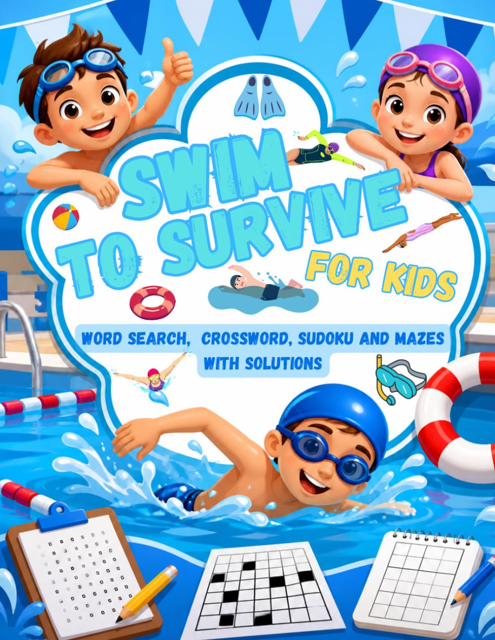 Swim to Survive, For kids: Word Search, Crossword, Sudoku and Mazes with Solutions