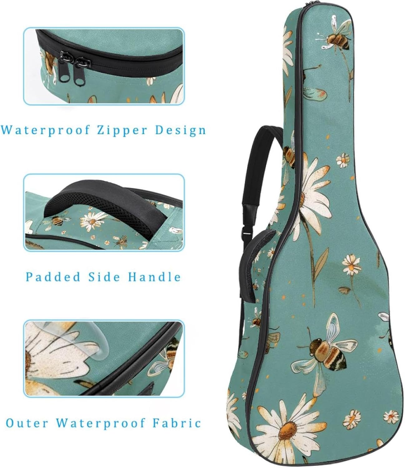 40 41 42 Inch Guitar Bags, Waterproof Padded Acoustic Guitar Case Backpack with Adjustable Shoulder Strap & Pockets, Bees and Daisy Flowers