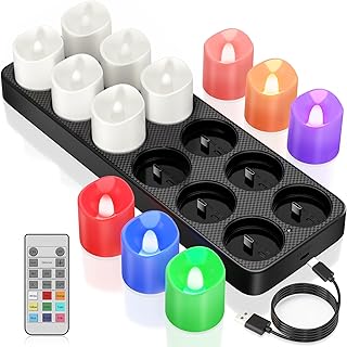 Yme Rechargeable Flameless Colored Tea Lights Candles with Remote Charging Station, 12pcs Battery Operated LED Electric Color Changing Tealight Candles with Timer for Halloween Christmas Party Decor