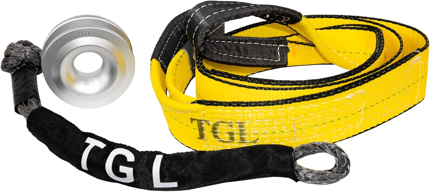TGL Snatch Block Winch Pulley Ring with Recovery Soft Shackle, 3" Tree Saver, Tow Strap with Loops. Perfect Winch Accessory for Come Along Winch. Compatible with Jeep Accessories, Ford, Toyota.