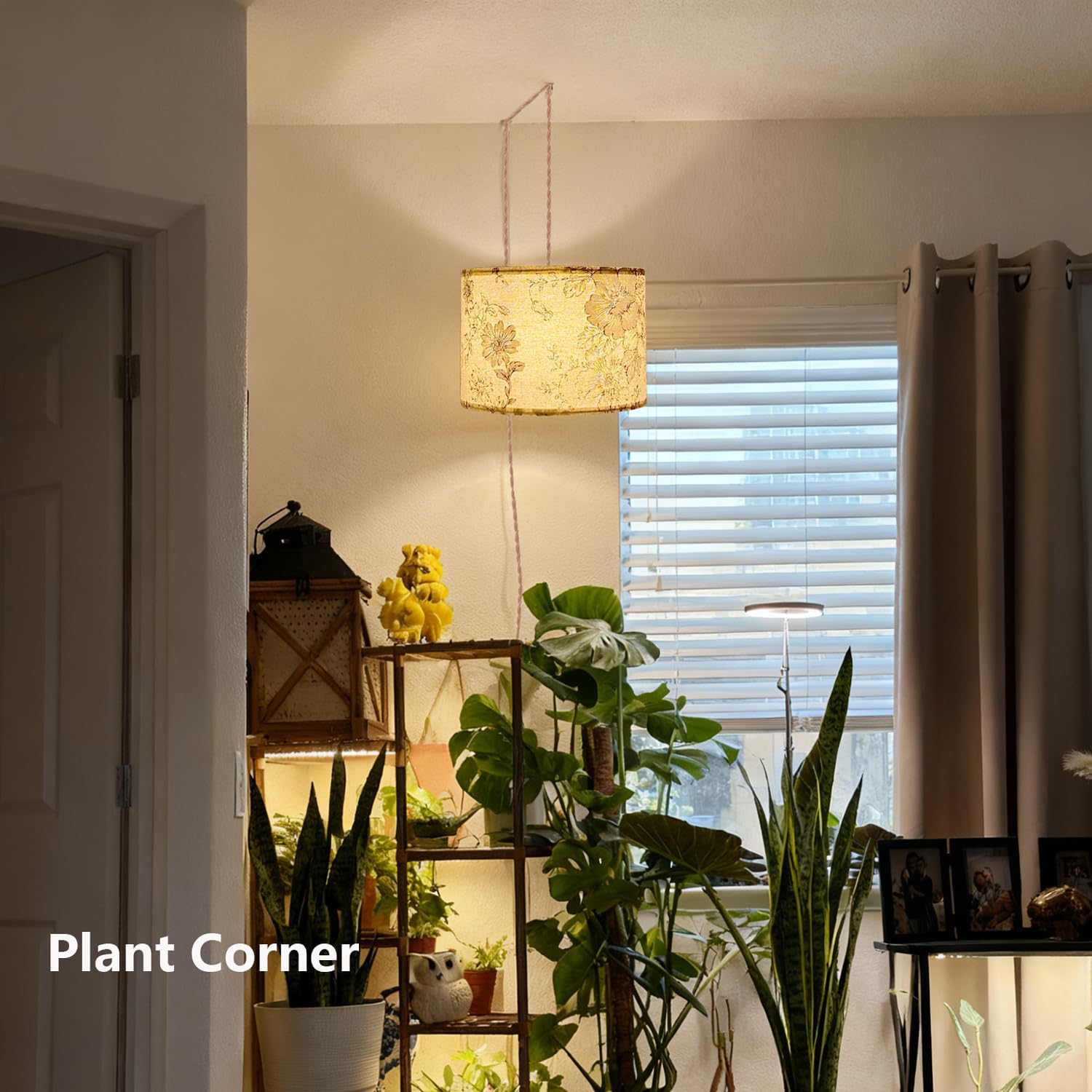 Boho Plug in Pendant Light Hanging Lamp with 15Ft Hemp Rope Plug-in Cord On-Off Switch, Ceiling Lamp Fabric Cylinder Lampshade for Hanging Plant Shelf Decor Bedroom Living Room Corner Kitchen Island