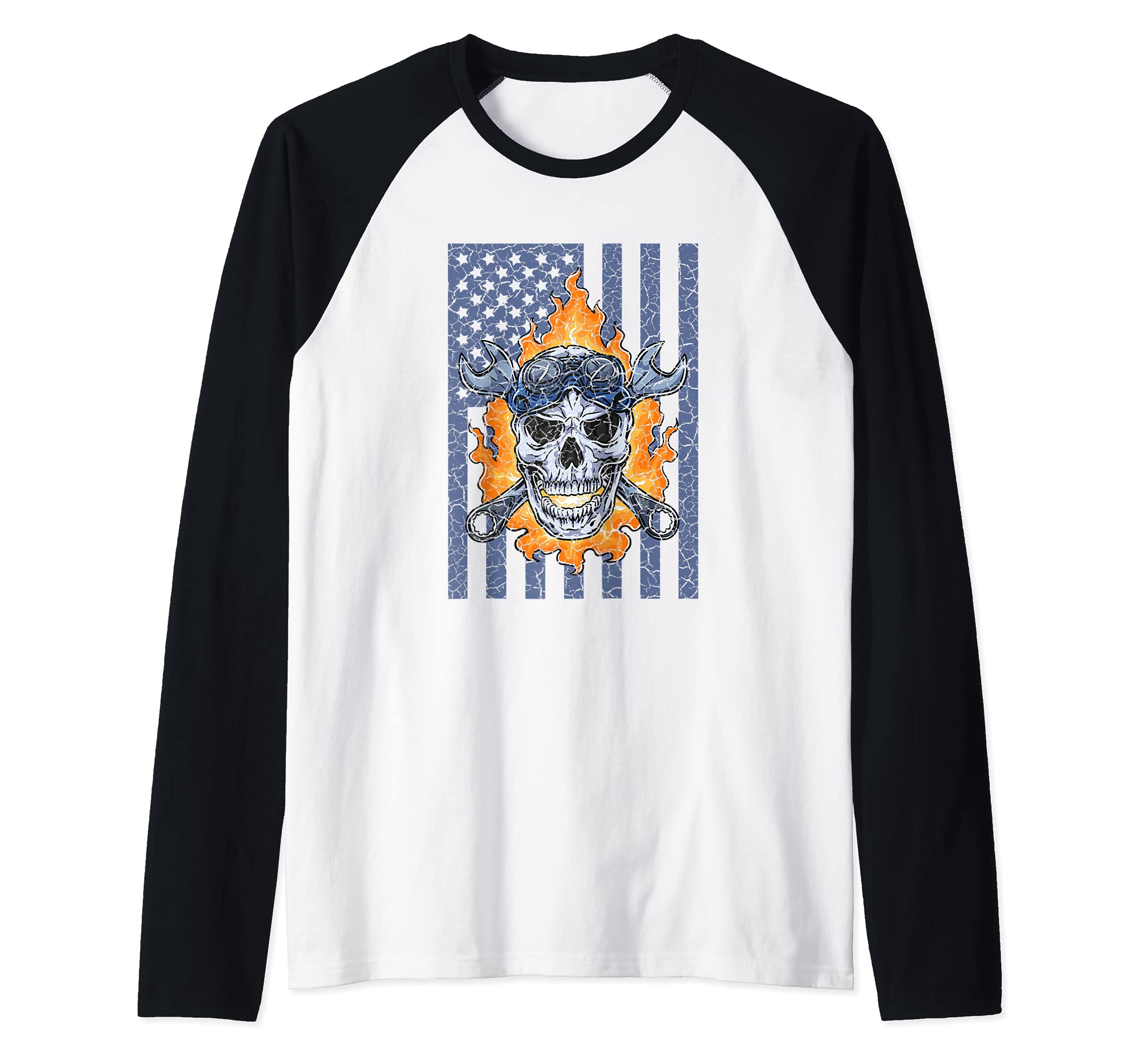 Mechanic Handyman Fire Skull American Flag Tools Wrench Raglan Baseball Tee, Black
