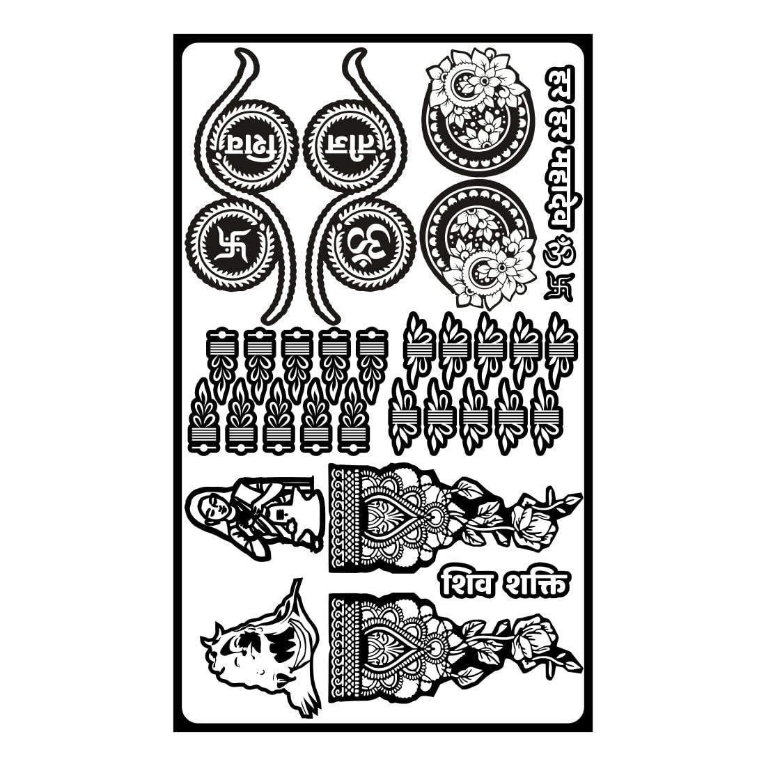 Temporary Tattoowala Devotional Teej Mehndi Stencil Sheet with Religious Symbols Om, Trishul, Kalash, Swastik and Shiv Parvati Designs for Spiritual Body Art-image-7