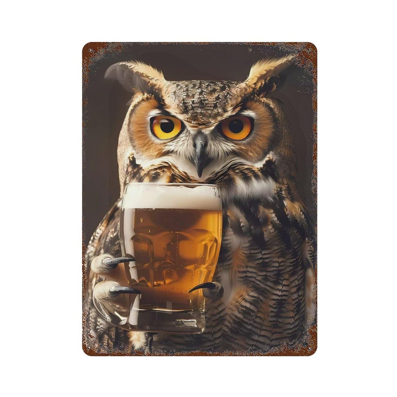 Rust Effect Owl Beer Decorative Tin Sign 15.7"x11.8", Rustic Home Decor for Cafe, Home Bar And Lounge Decor
