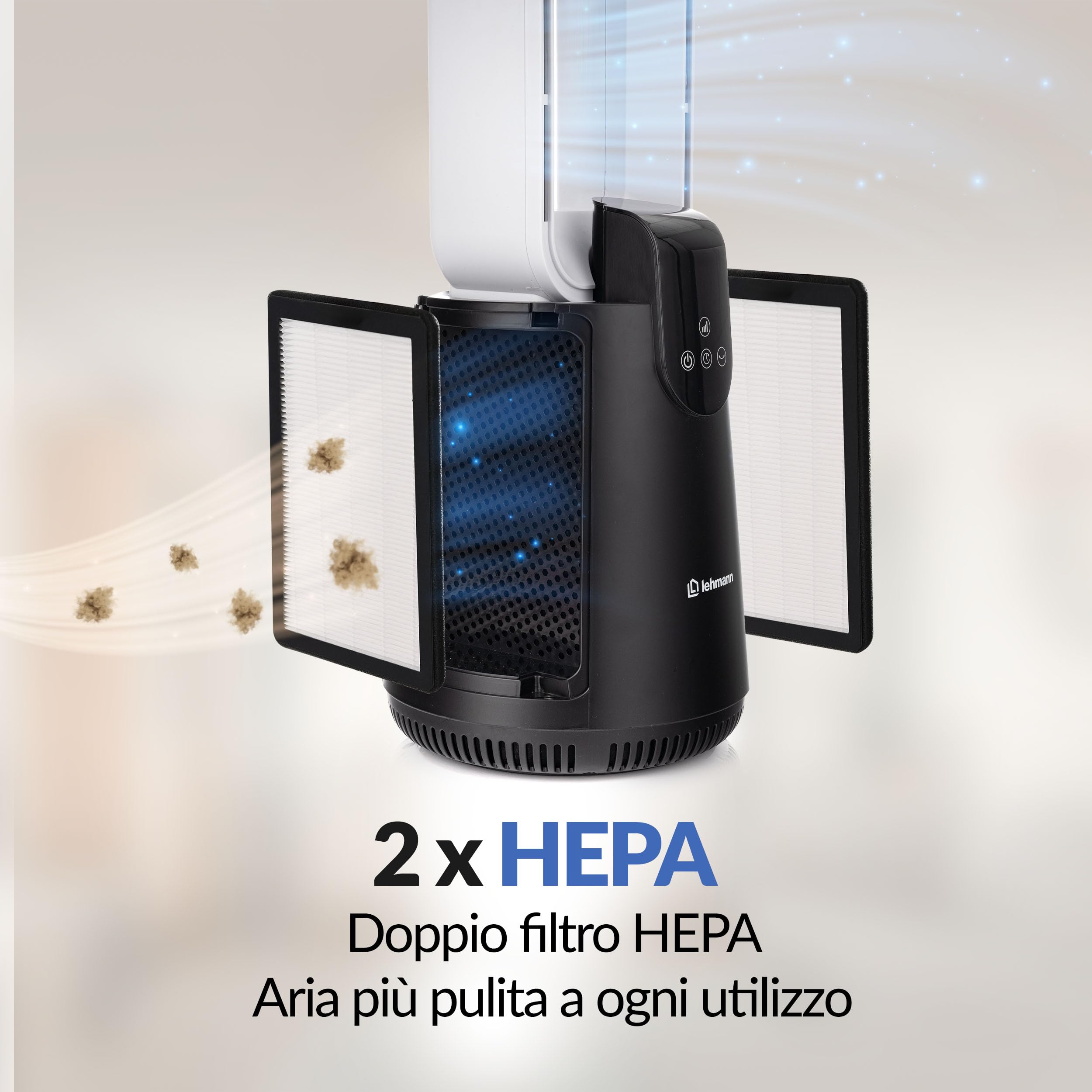 LEHMANN Ventilatore a Torre senza Pale 2 in 1 con Purificatore d'Aria, 2 Filtri HEPA, Silenzioso Modalità Notte, Timer 1-12 h, Telecomando e Display LED, Oscillazione, Per Camera da Letto & Ufficio