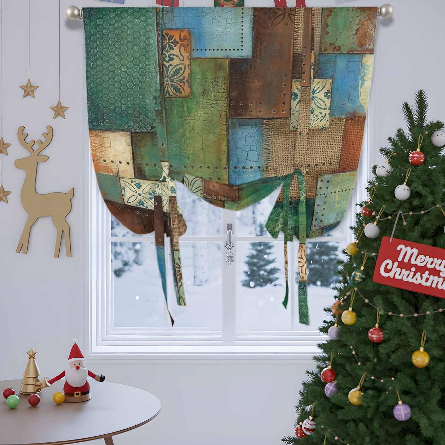 Color Block Boho Tie Up Curtains for Windows 63 Inch Length Balloon Curtains Kitchen Adjustable Balloon Window Shade Geometric Vintage Botanical Tie Up Valance Bathroom Curtain Window 52"x63"