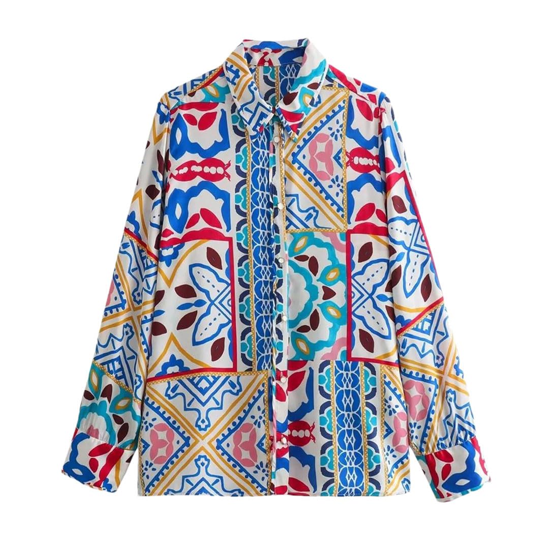 Spring - Camicia da donna versatile con risvolto ampio, a maniche lunghe, con stampa