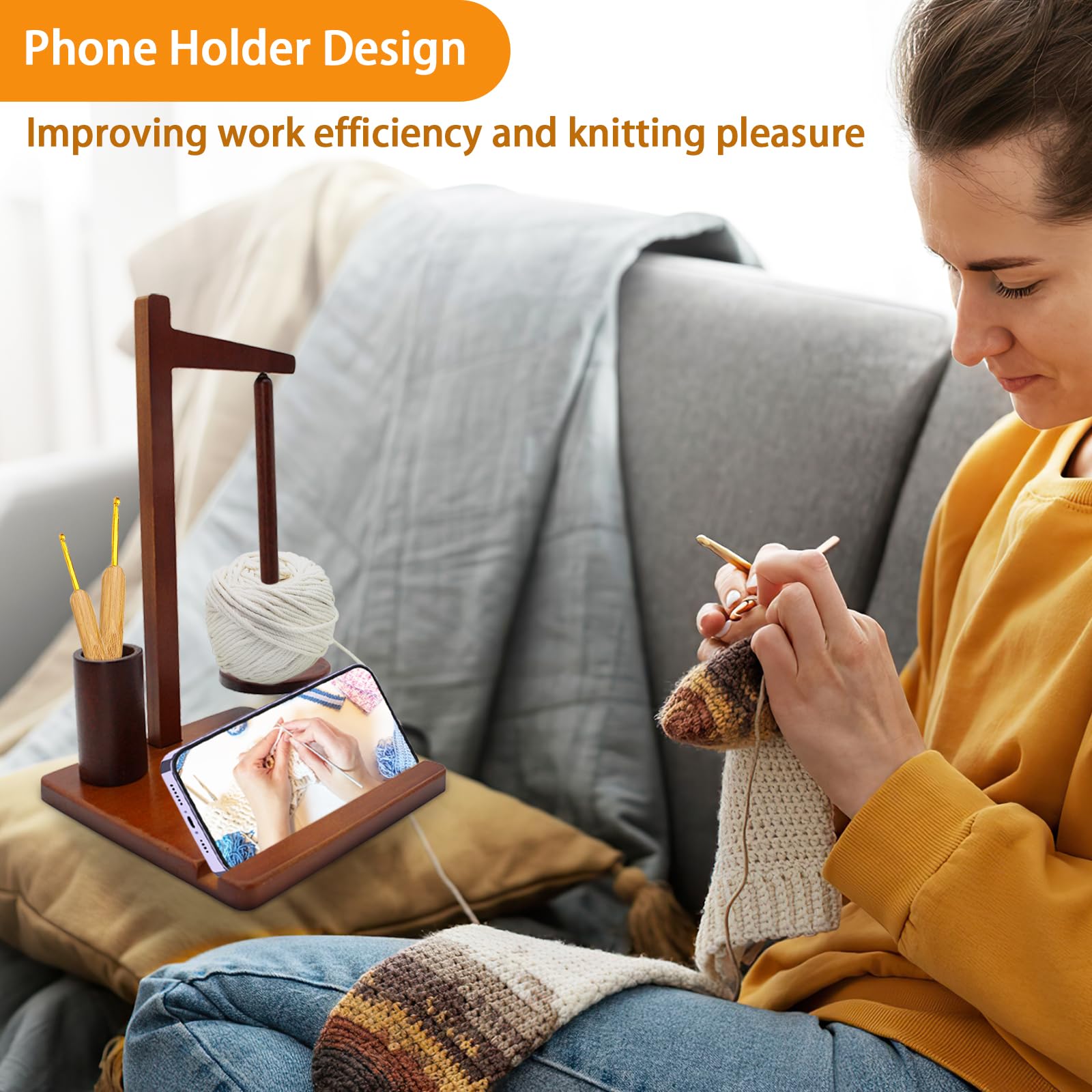 Porta Gomitolo Per Uncinetto In Legno Con Doppia Asta - Magnetico, Con Contenitore Accessori E Supporto Per Telefono