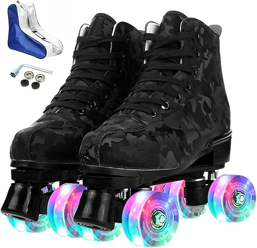 Patines de ruedas para mujeres y hombres, acogedores y elegantes patines de cuero negro de camuflaje espacial para principiantes, patines de doble