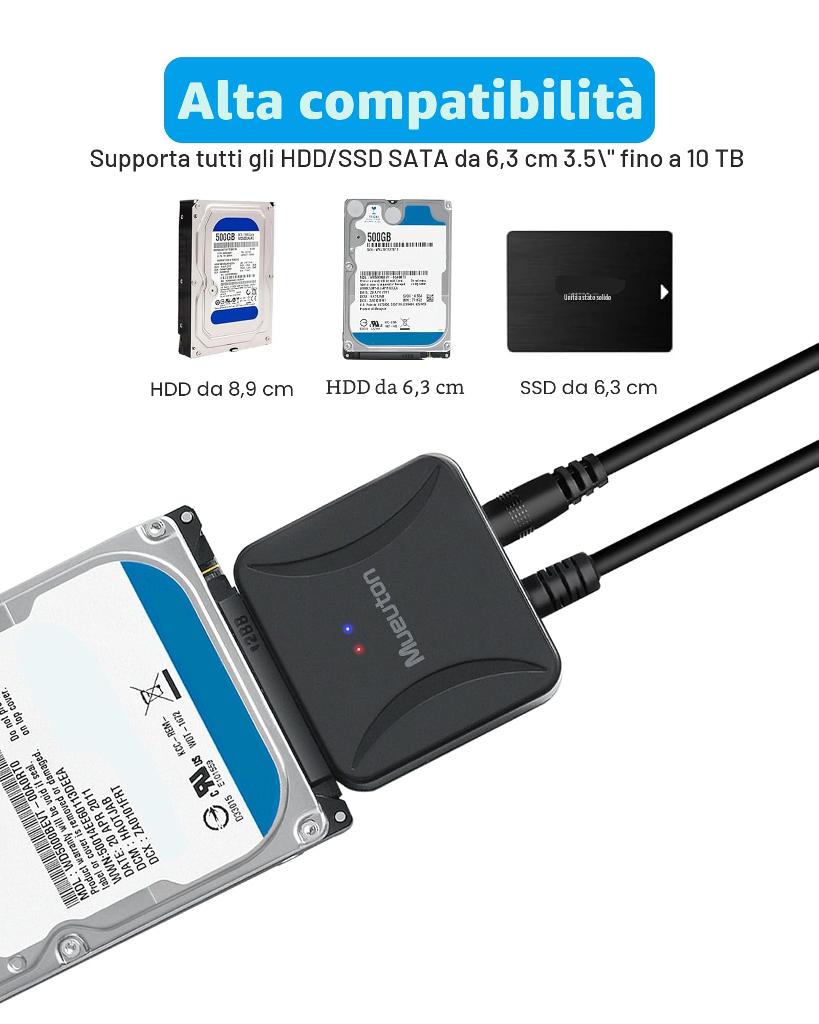 Adattatore SATA USB 3.0, Cavo adattatore per disco rigido SATA III per HDD/SSD da 3,5/2,5 pollici con adattatore di alimentazione 12V/2A Supporta UASP