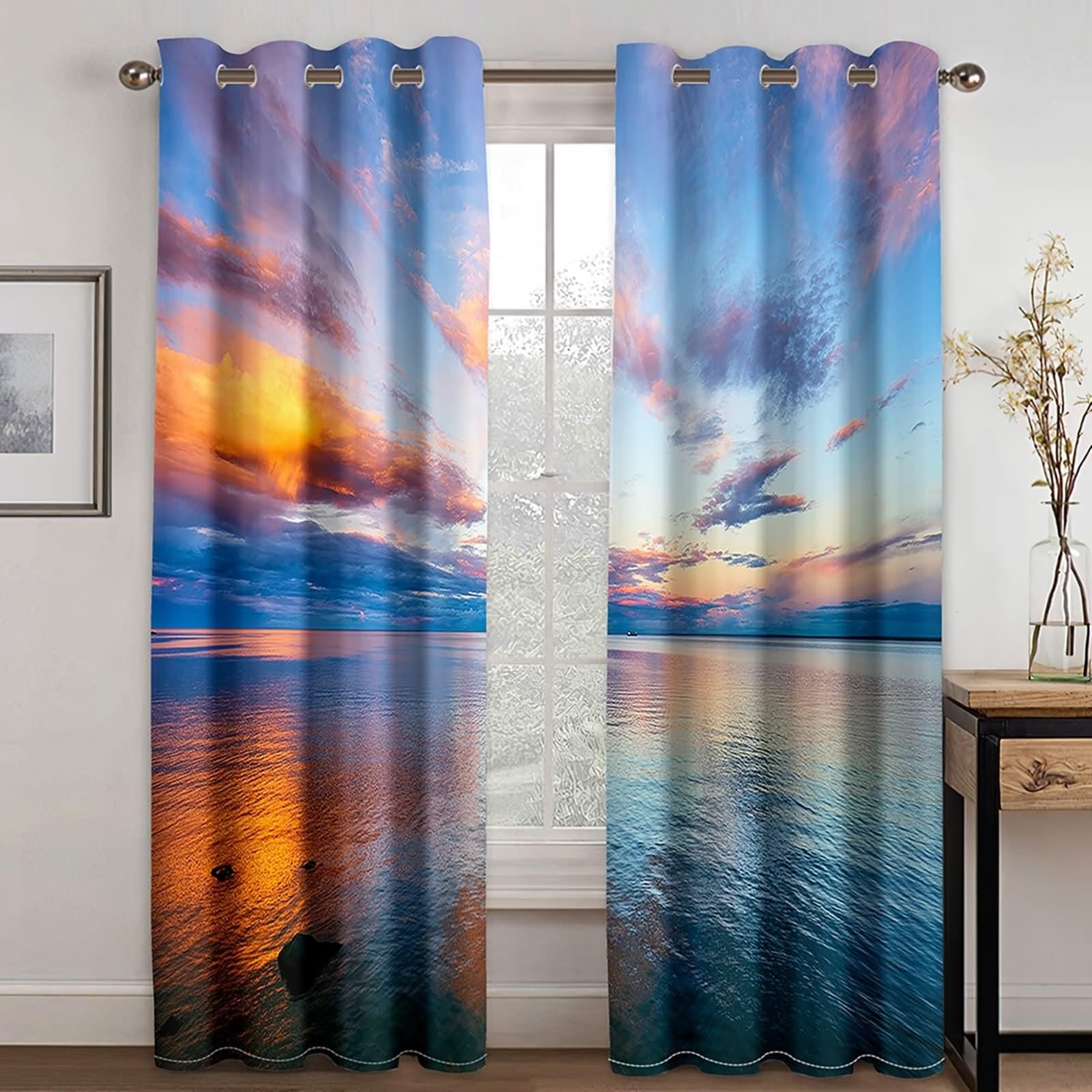 Nieprzezroczyste zasłony wewnętrzne, nieprzezroczysta zasłona do sypialni wielokolorowa krajobraz oceaniczny poliester zestaw 2 szt. 214 x 183 cm