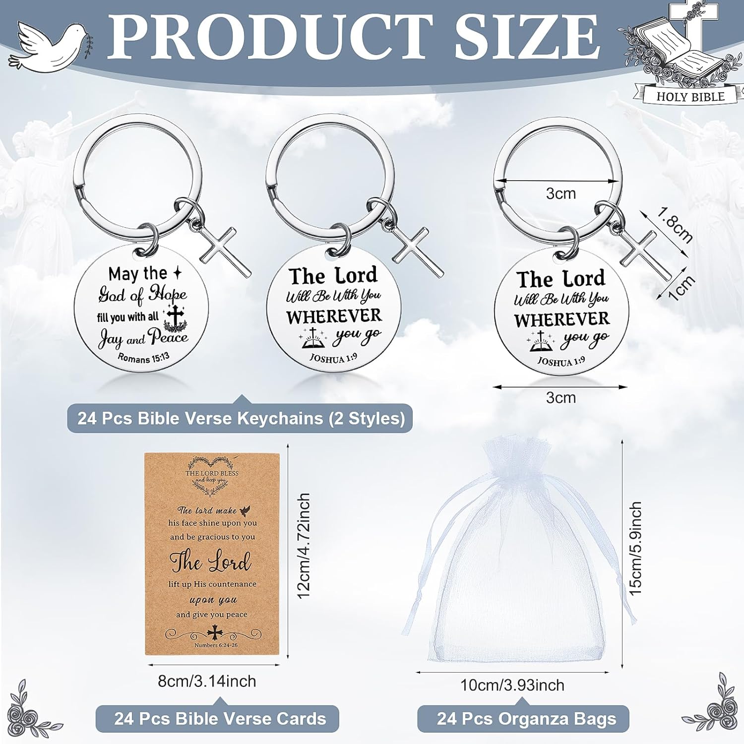 24 Sets Christian Keychain Gifts Bible Verse Cross Keychain Bulk Religious Prayer Gifts for Men Women(Silver, Round) - Image 3