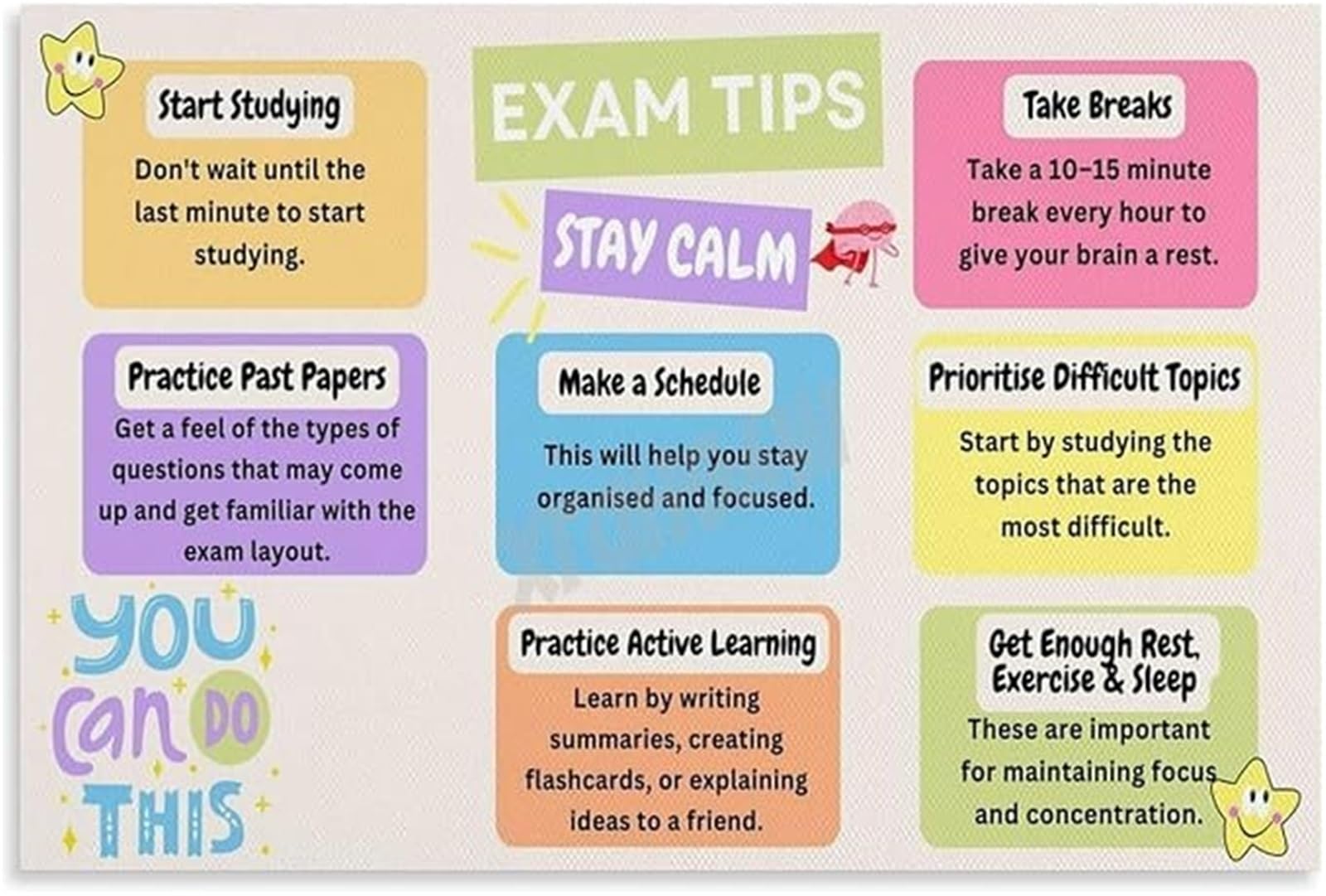 EKFBQBGW Academic Success Poster Exam Tips Study Guide Student Motivation Canvas Painting Wall-Art for Study Room Framed,12x18inch(30x45cm)
