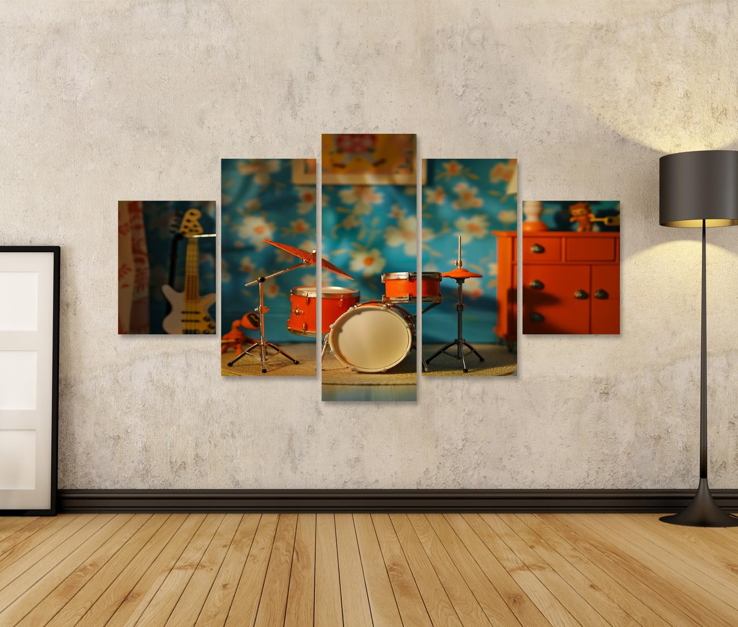islandburner Cuadro sobre lienzo sala de juguetes con batería y guitarra para habitación infantil amantes de la música tienda de música imágenes murales póster