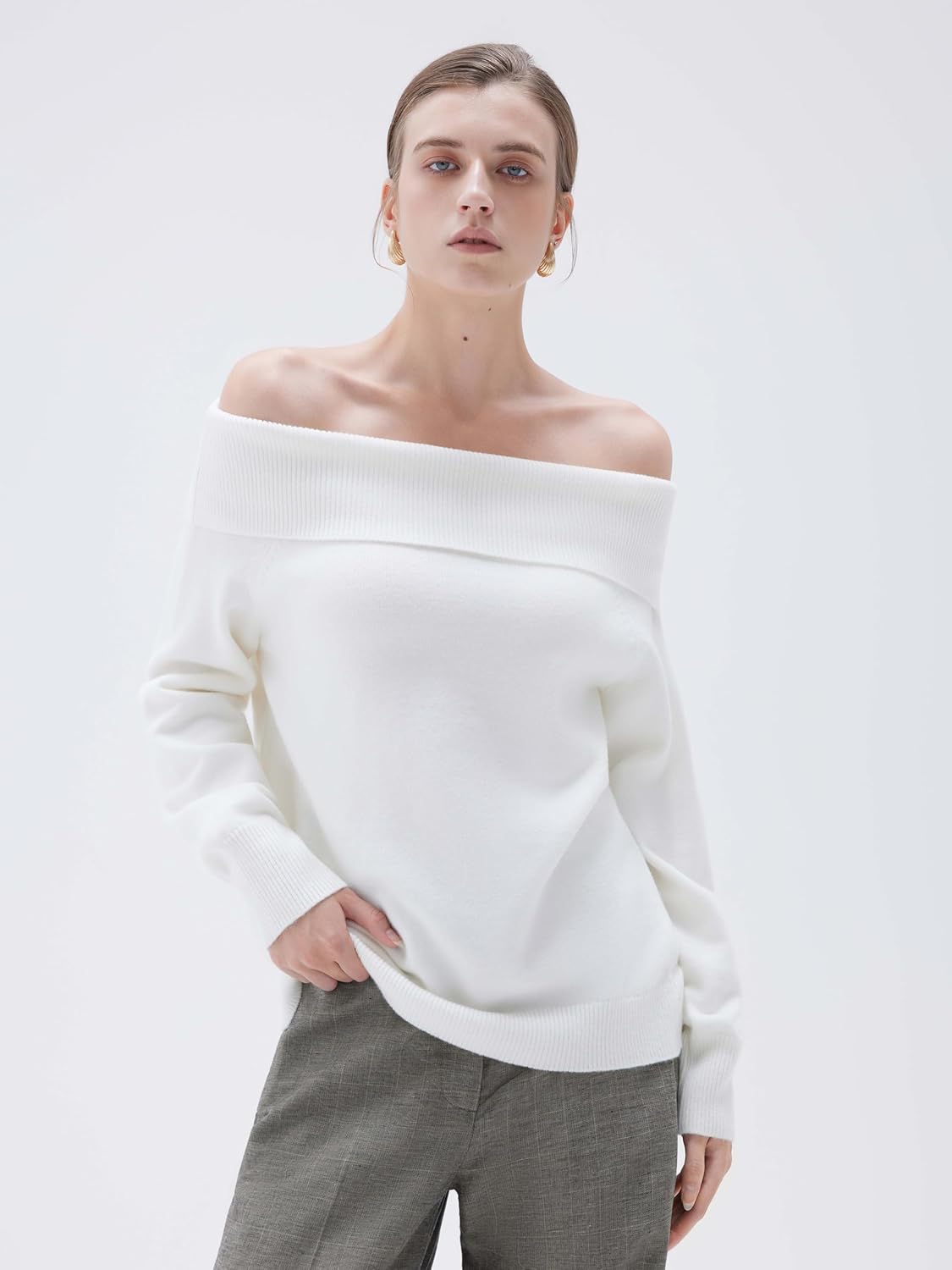 SUUKSESS Women Cashmere Off The Shoulder Sweater Oversized Knit Long Sleeve Tops - Image 3