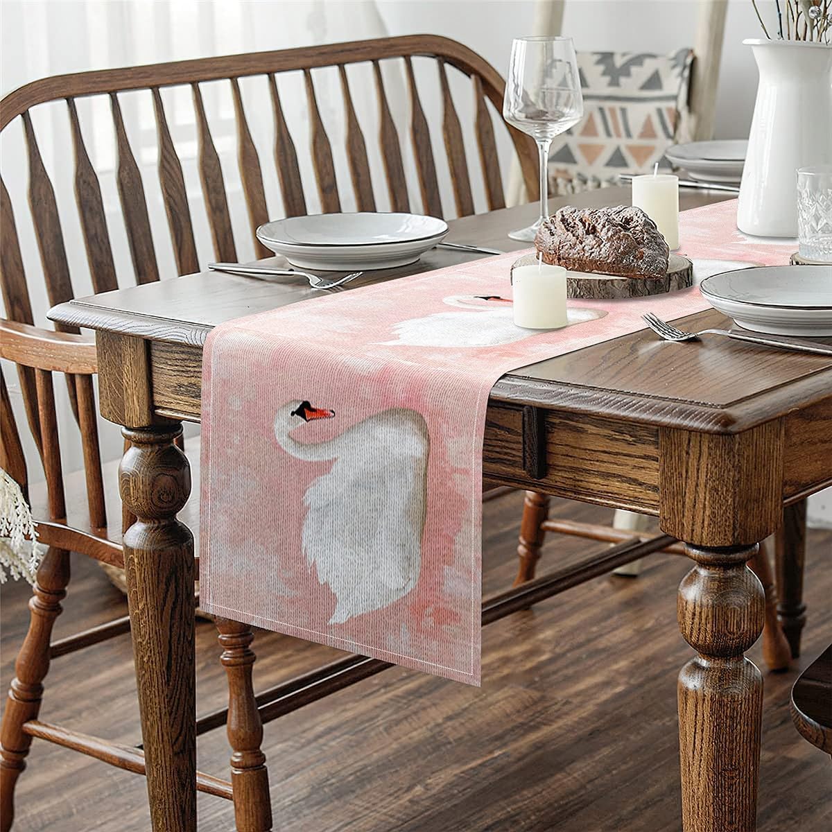 Erosebridal Pink Swan Table Runner Coquette Swan Table Runners Romantic Zwaan Waterfowl Rectangular Runner for Home Party Decor Watercolor Aesthetic Dresser Runners,13x120 Inch