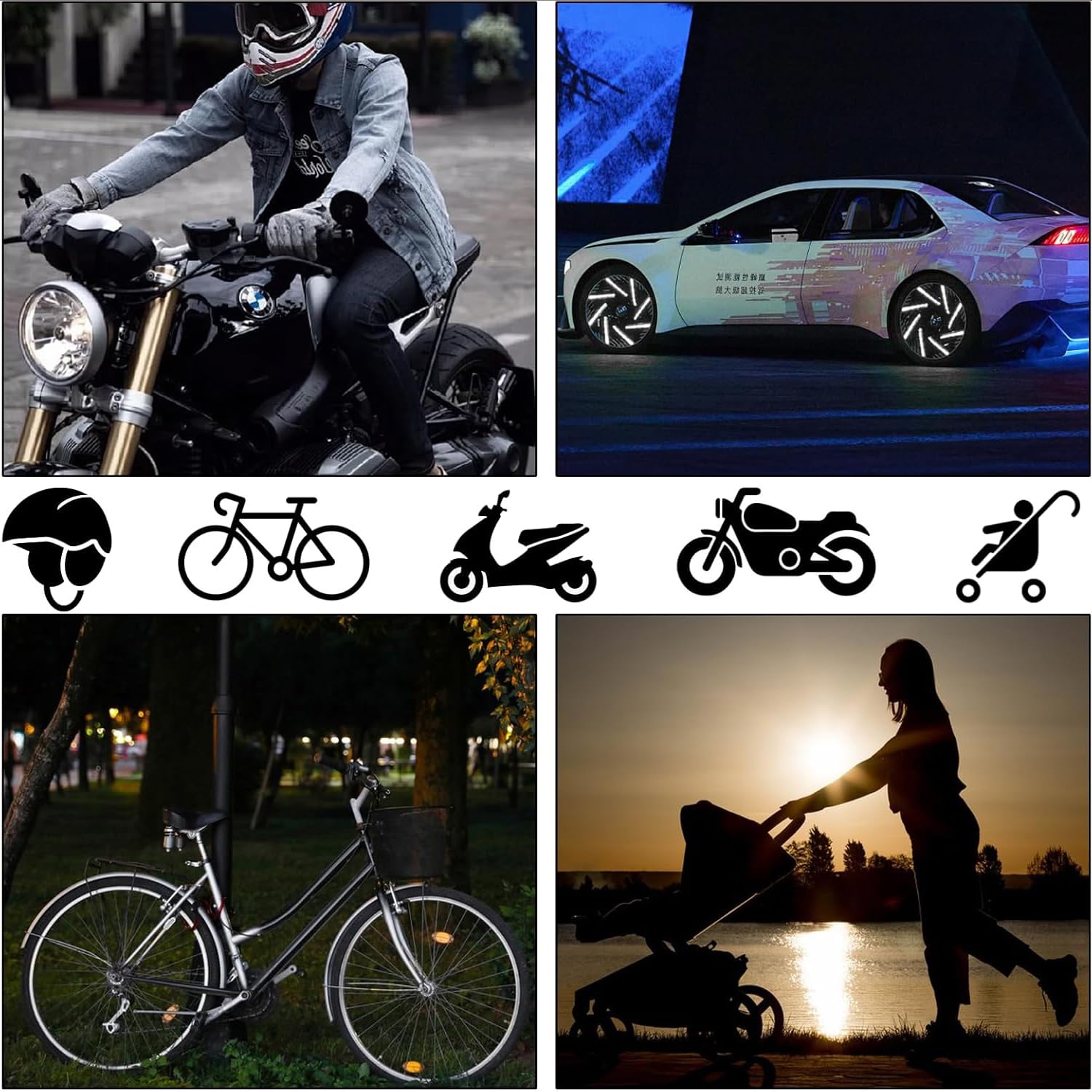 62 adesivi riflettenti, multi-forma, autoadesivi in PVC, decalcomanie di sicurezza per veicoli a motore e biciclette