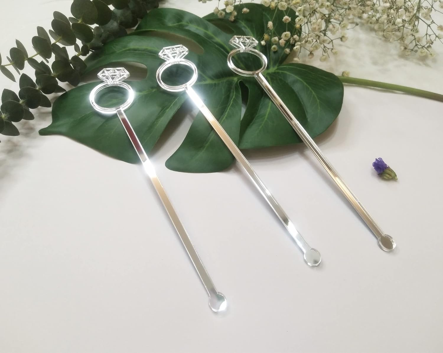 Set of 20 Diamond Ring Cocktail Stirrers Swizzle Stir Stick, Stirring Sticks Diamond Ring for Party& Festival Décor (Silver Mirror)