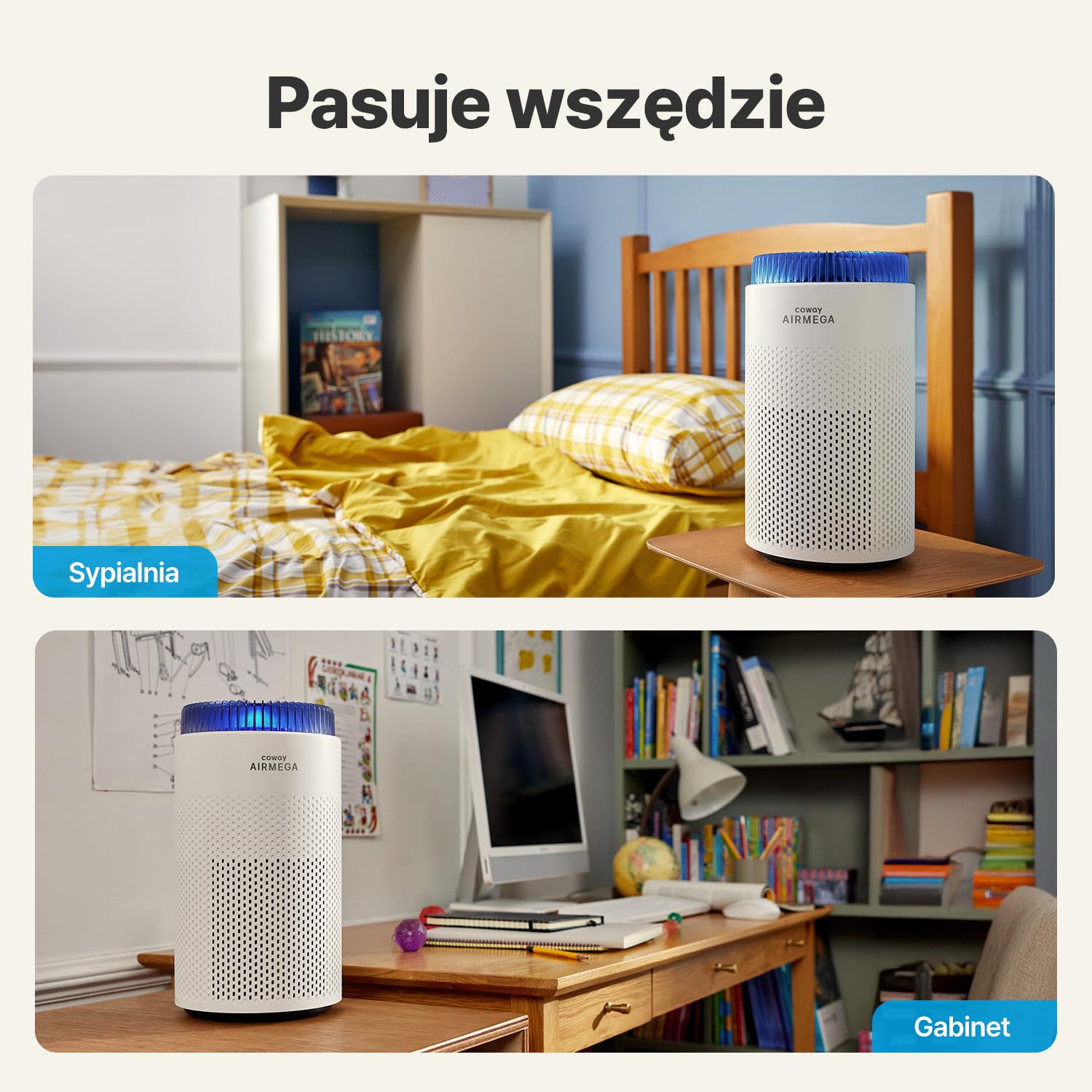 Coway Oczyszczacz Powietrza HEPA do Sypialni, CADR 120 m³/h, Usuwa 99,999% cząstek do 0,01 µm, Tryb Cichy 18,4 dB, Alergia, Kurz, Pyłki, Dym, Sierść, Zapachy, Pleśń – Airmega 50