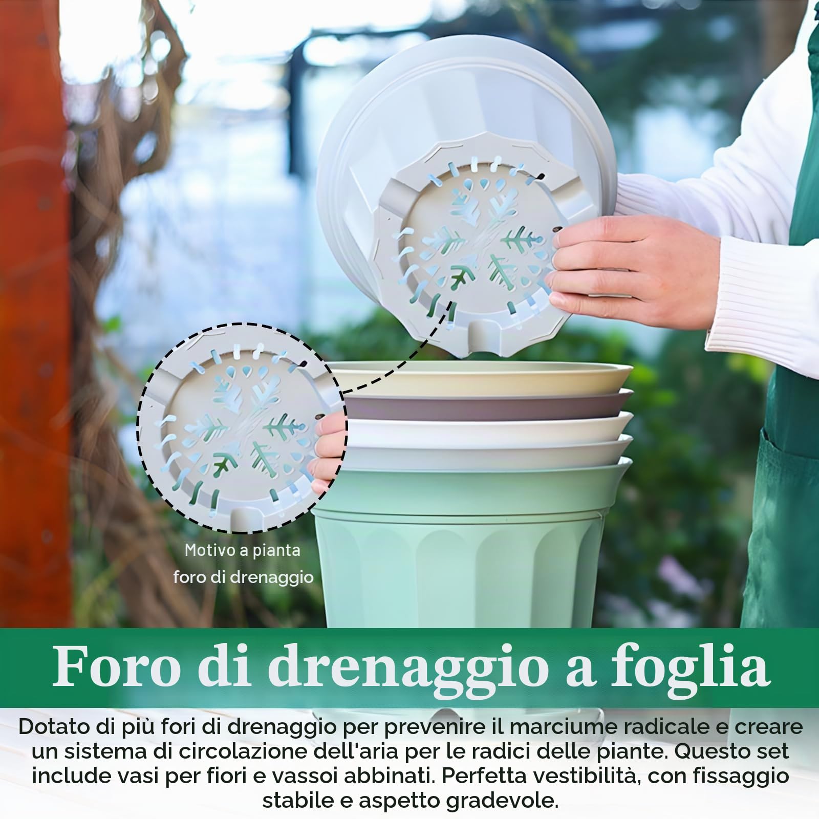 PORFOYO Set di 5 vasi da fiori con sottovasi, colorati, spessi vasi da fiori autoirriganti, antiscivolo, con fondo a rete e scarico dell'acqua profondo, 21 x 15 cm, per interni e balconi