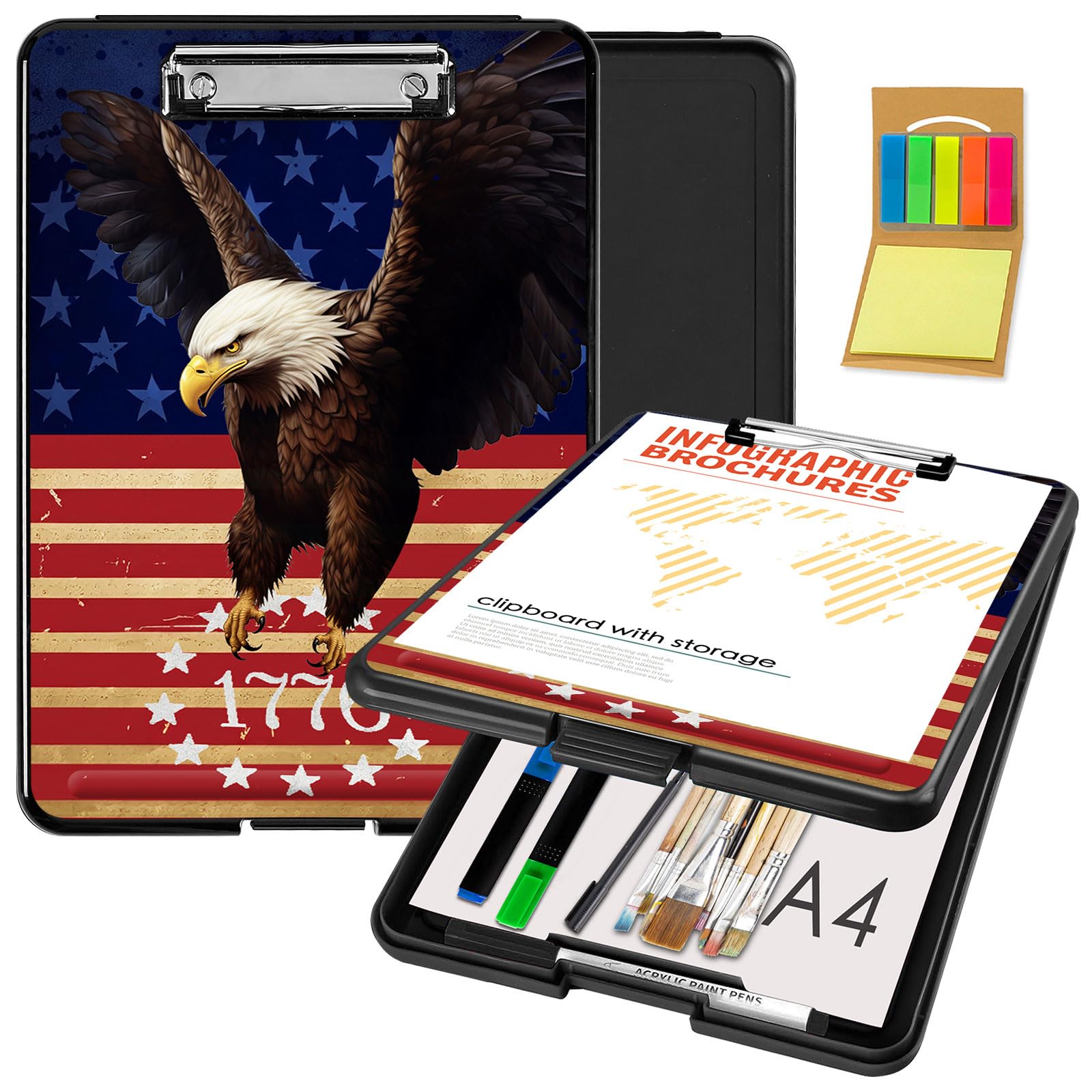 Clipboard with Storage,Office Supplies Nursing Clipboards Folder with Pen Holder Plastic Foldable Clip Board with Storage for Nurse Teacher,Flag Eagle