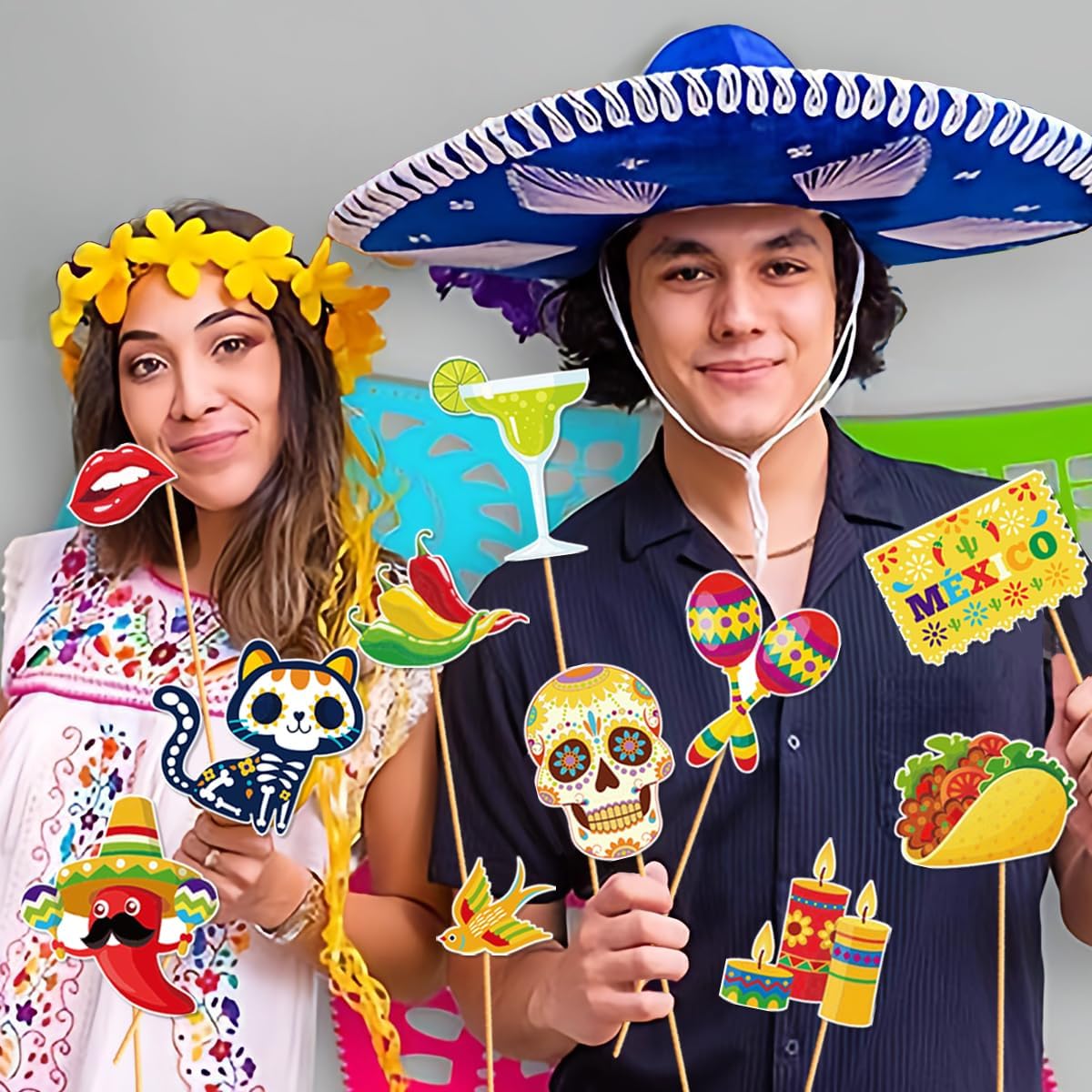 30 Pcs Cinco De Mayo Paper Photo Booth Props, Fiesta Sombrero Hats Cactus Peppers Pinatas Selfie Photo Props for Cinde De Mayo Festival, Birthday, Mexican Themed Party Decoration