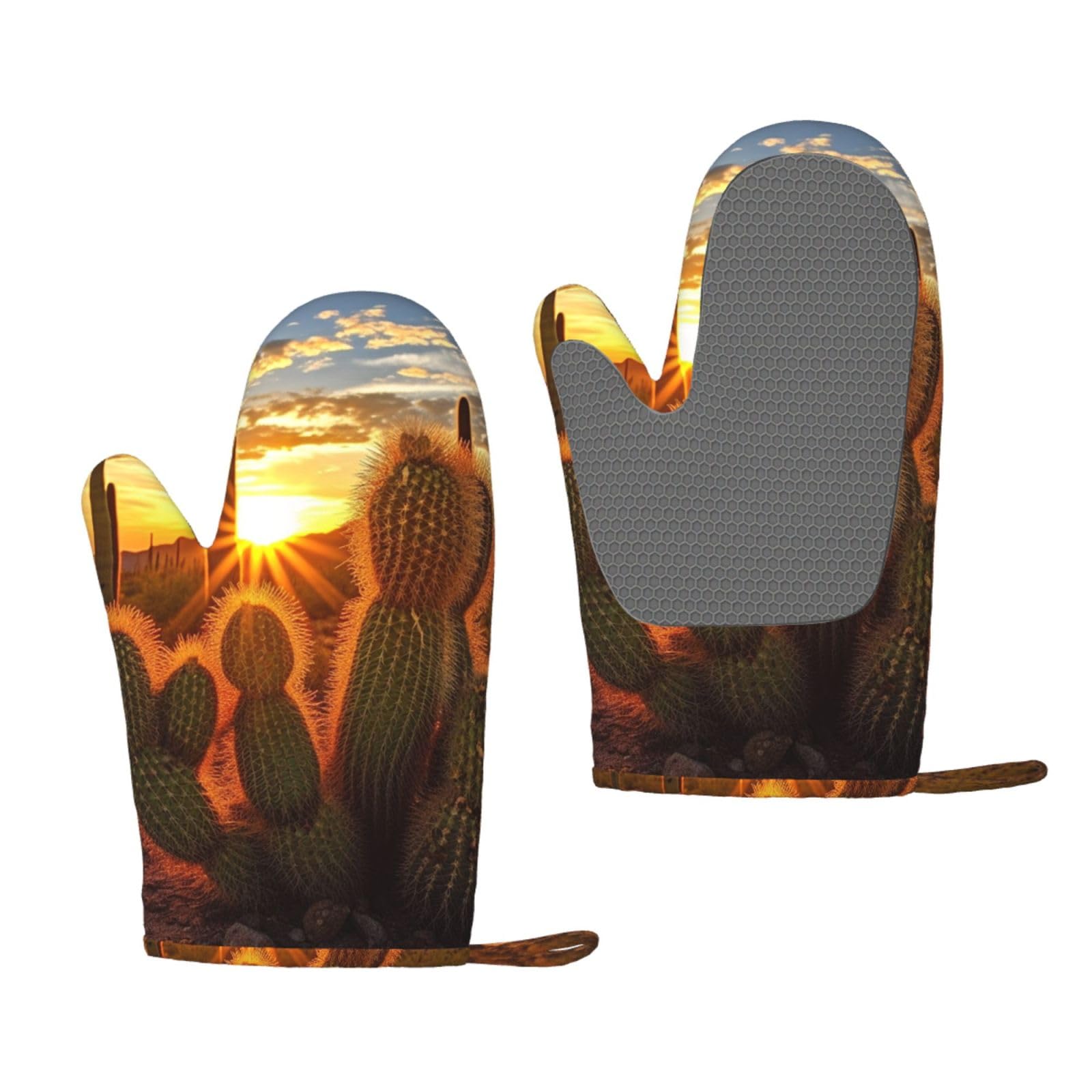 Oven Mitts Sets of 2 Heat Resistant Kitchen Gloves Sunset Cactus in Desert Oven Mitts BBQ Oven Gloves Non-Slip Silicone Oven Mitts Waterproof Cooking Safety Gloves for Kitchen Baking