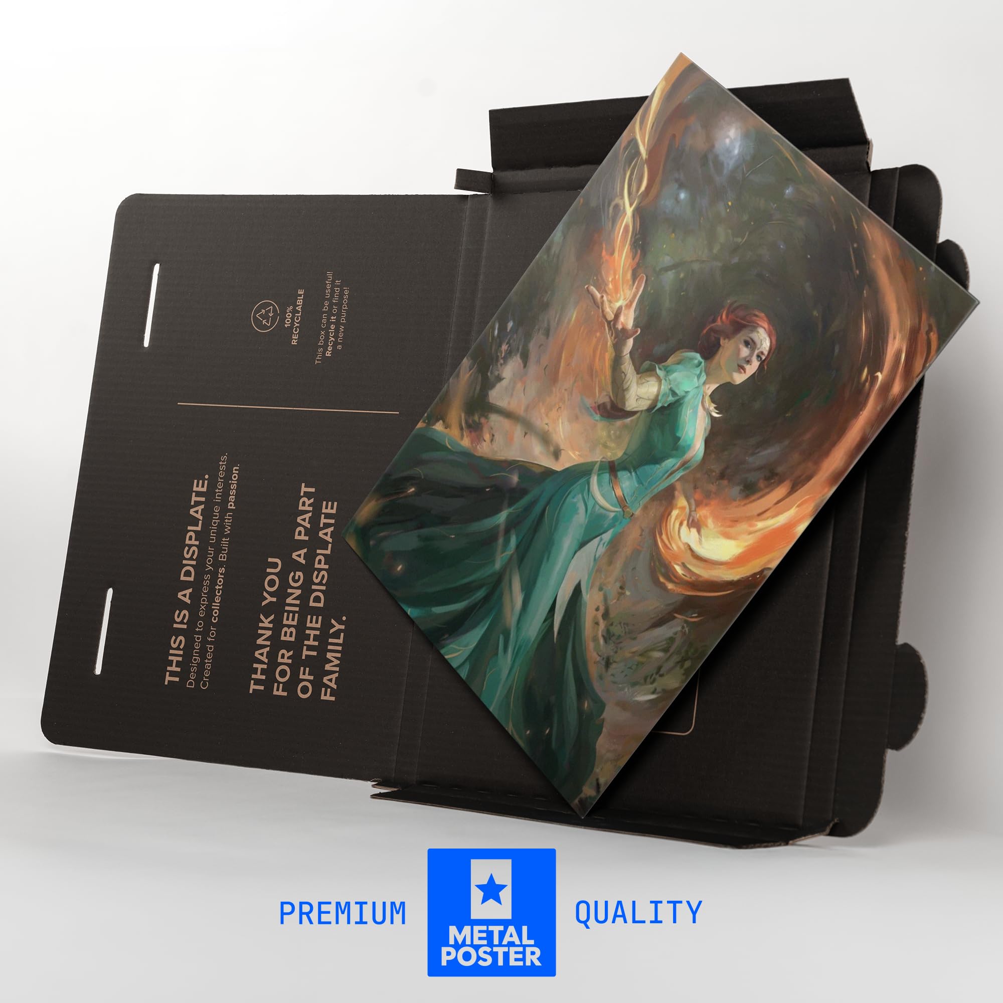 Displate Metallposter The Witcher 3 - Wild Hunt 10th Anniversary - A Fiery Display Plakat - Spielzimmer Zimmer Deko - Bilder Schlafzimmer - Geschenk - Wanddeko Metall Poster 32 cm x 45 cm