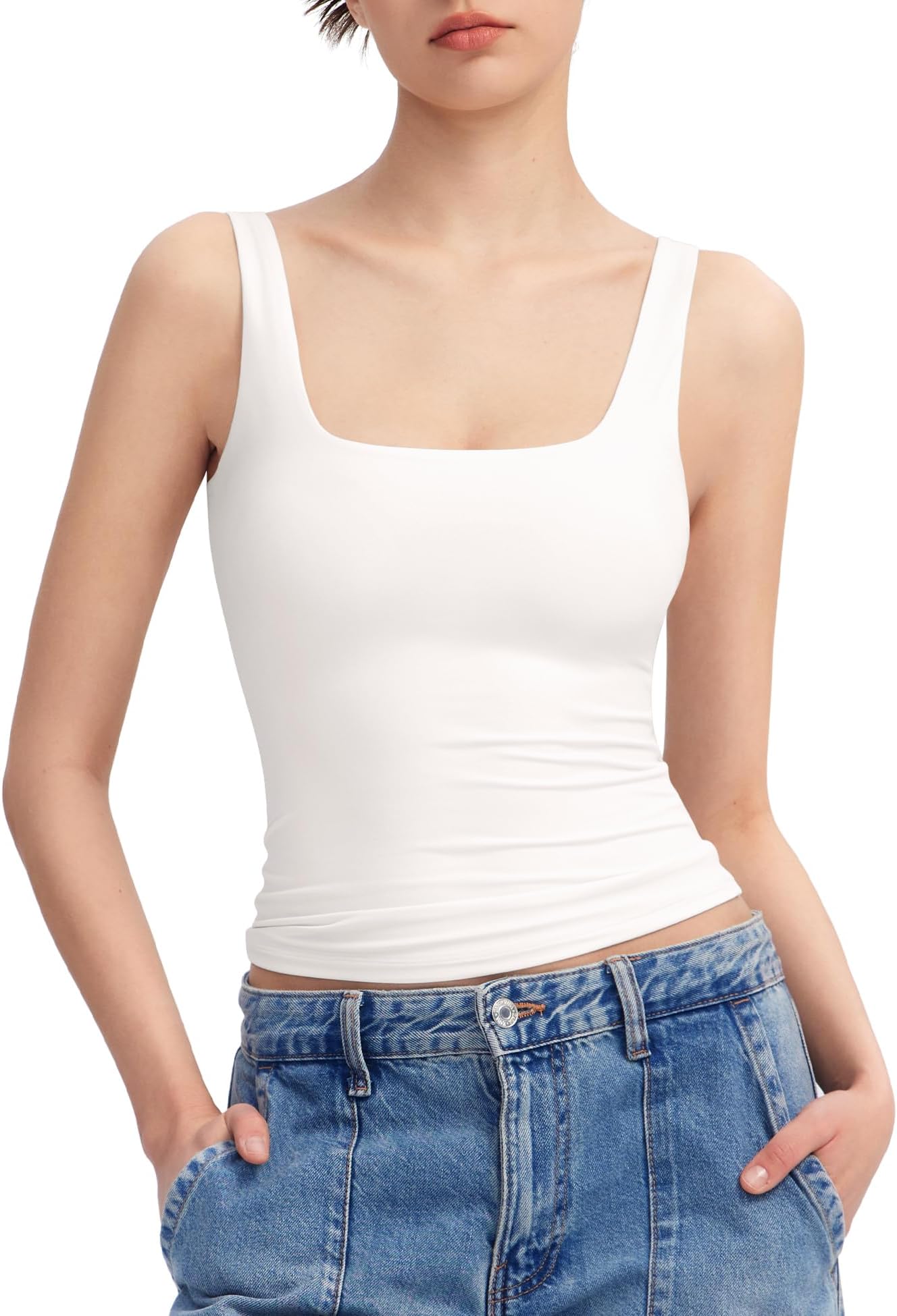 PUMIEYWomen's Square Neck Tank Top Sleeveless Double Lined Basic Tops Sharp CollectionOEKO-TEX STANDARD 100