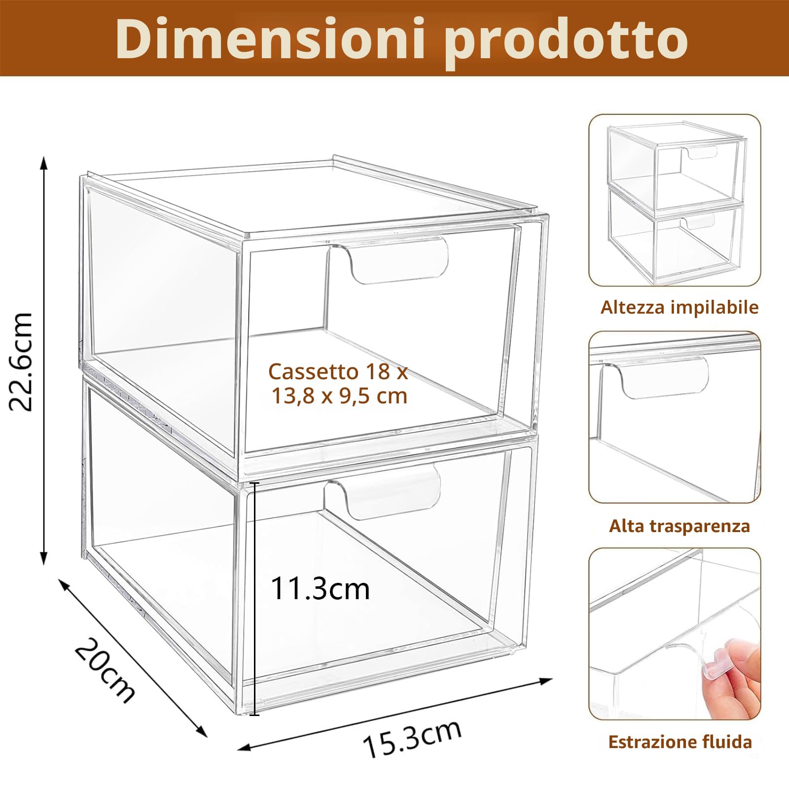 2 pezzi organizer cassetti acrilico trasparente – cassettiera plastica – cassetti impilabili per armadio con 16 tappetini antiscivolo – organizer trucco per bagno, toeletta, cassettiera e scrivania