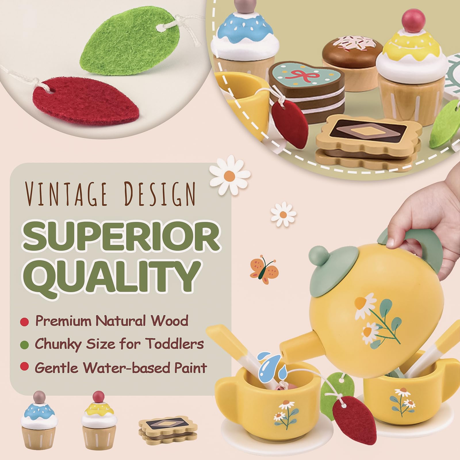 Airlab Set da Tè Bambina Accessori Cucina Giocattolo per Bambini in Legno | Accessori Cucina Legno per Bambini Bambina con Paniere, Cibo Finto Giocattolo Bambino Cucina, Regalo Bimbo Bimba 3 4 5 Anni
