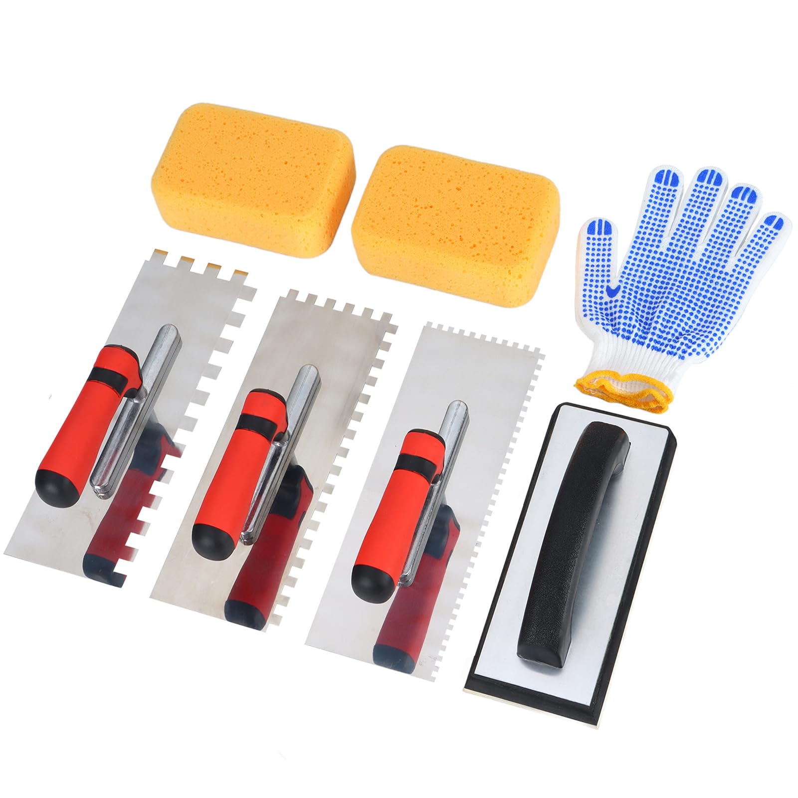 Square Notched Tile Trowel Set, with Rubber Grout Float,Grout Sponge and Work Gloves,Ideal for Masonry Tiling Tools and Flooring Installation