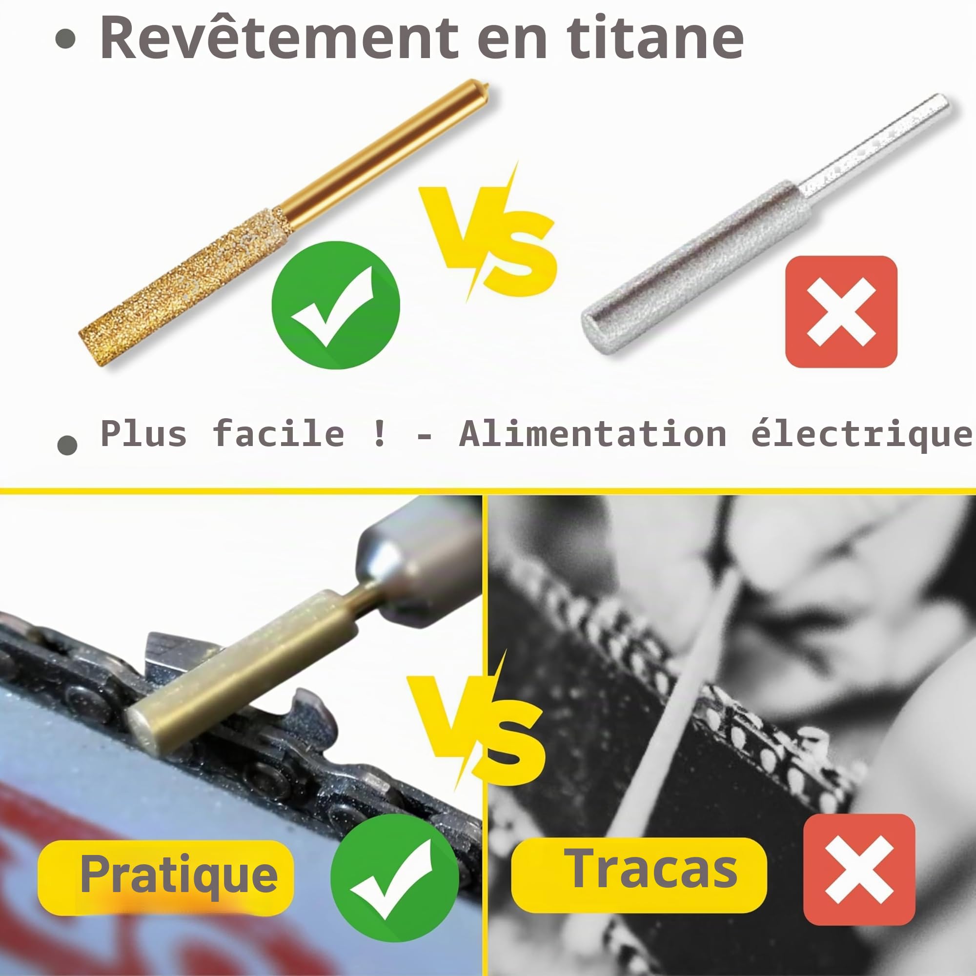 EzzDoo Kit Affûteuse Tronçonneuse Électrique avec Embouts Diamantés Revêtement Titane Outil Affûteuse Tronçonneuse Haute Vitesse et 6 Roues Affûtage Haute Dureté pour Toutes Chaînes de Tronçonneuse