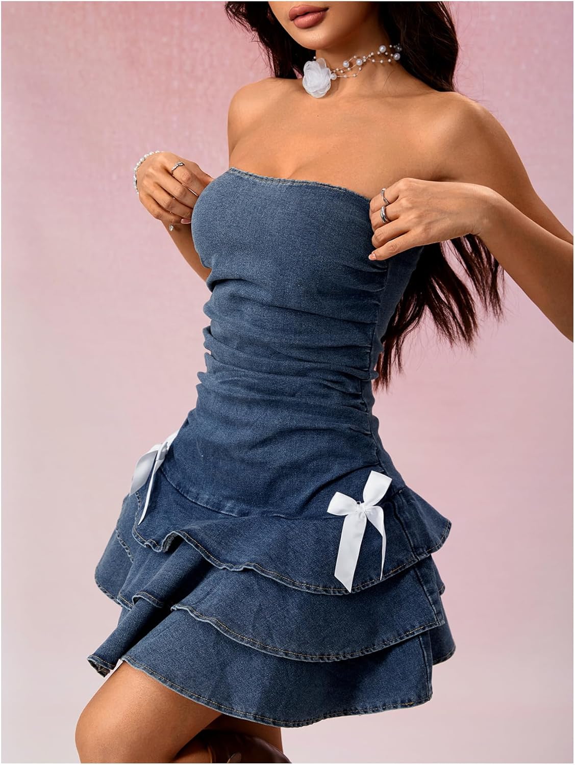 WDIRARA Women's Strapless Denim Mini Dress Bandeau Layered Ruffle A Line Bow Dresses - Image 4