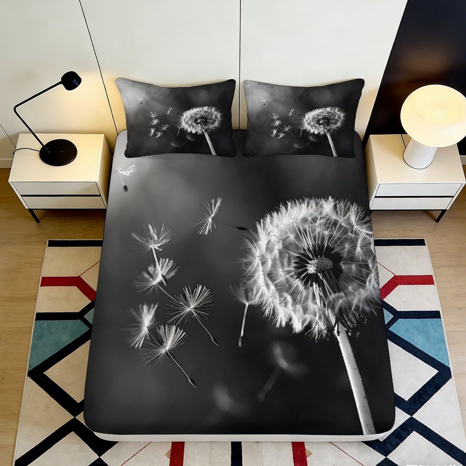 Uxinyoume Style-8 3D Printed Dandelion Dream Fitted Sheet Microfiber Soft Black White Blowball Mattress Cover For Bedroom Guest Room Decor 90X200x25cm
