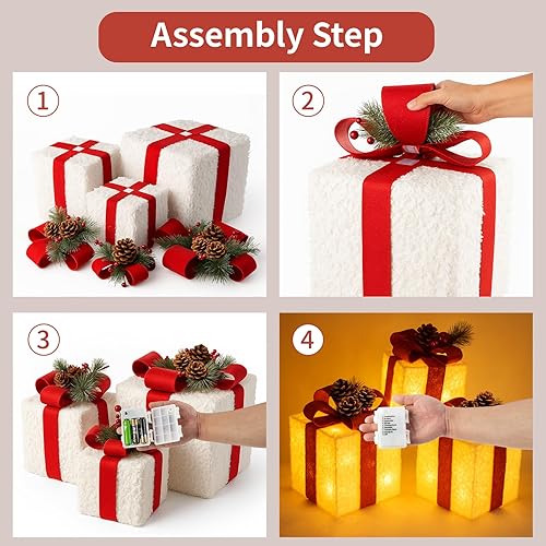 Miniatura 4 de Juego de 3 cajas de regalo iluminadas de Navidad con 60 luces LED, decoraciones navideñas enchufables para árbol de Navidad, hogar, decoración