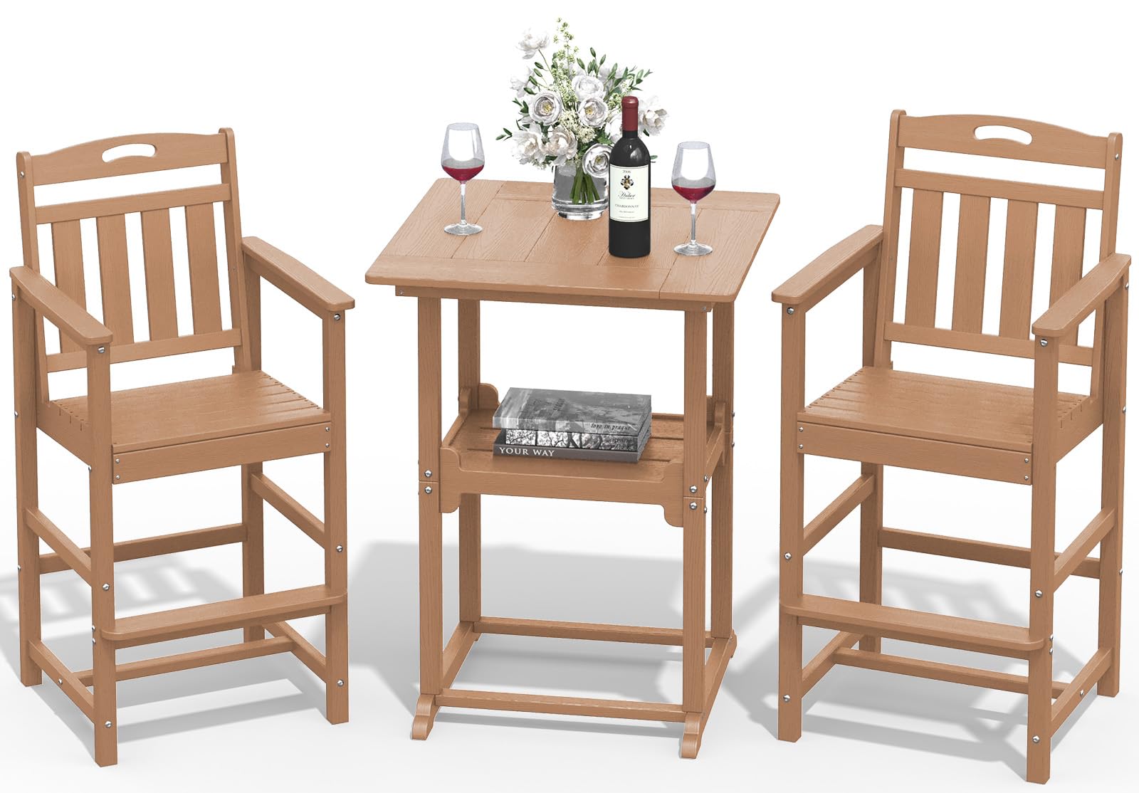 HDPE Outdoor Bistro Square High Top Table &amp; 2 Bar Height Chairs Set, Teak