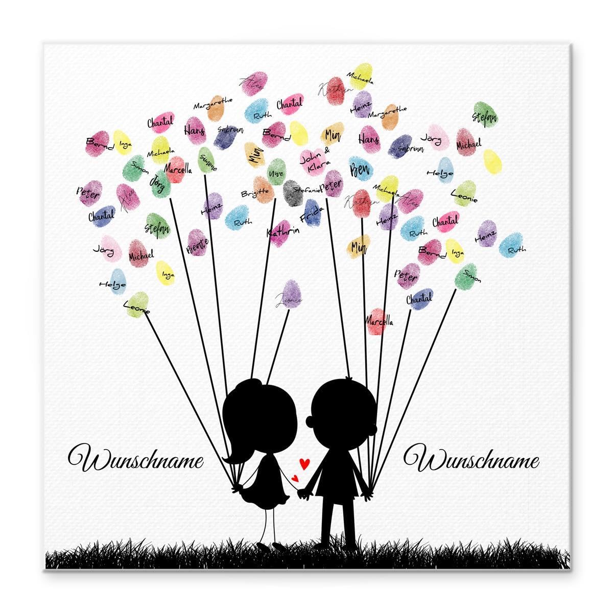 Madyes Płótno Ślub Odcisk palca Księga gości Spersonalizowana Sweet Couple dla młodej pary jako prezent, dekoracja ślubna, imiona z datą. 50 x 50 cm duży na blejtramie drewno