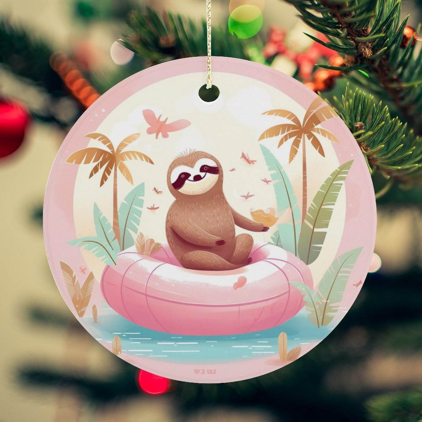 Sloth Flamingo Christmas Ornament for Christmas Tree Ceramic Round Ornament Winter Holiday Keepsake Gift 2.7" Christmas Tree Hanging Decorations Circle Ceramic Pendant Xmas Gift