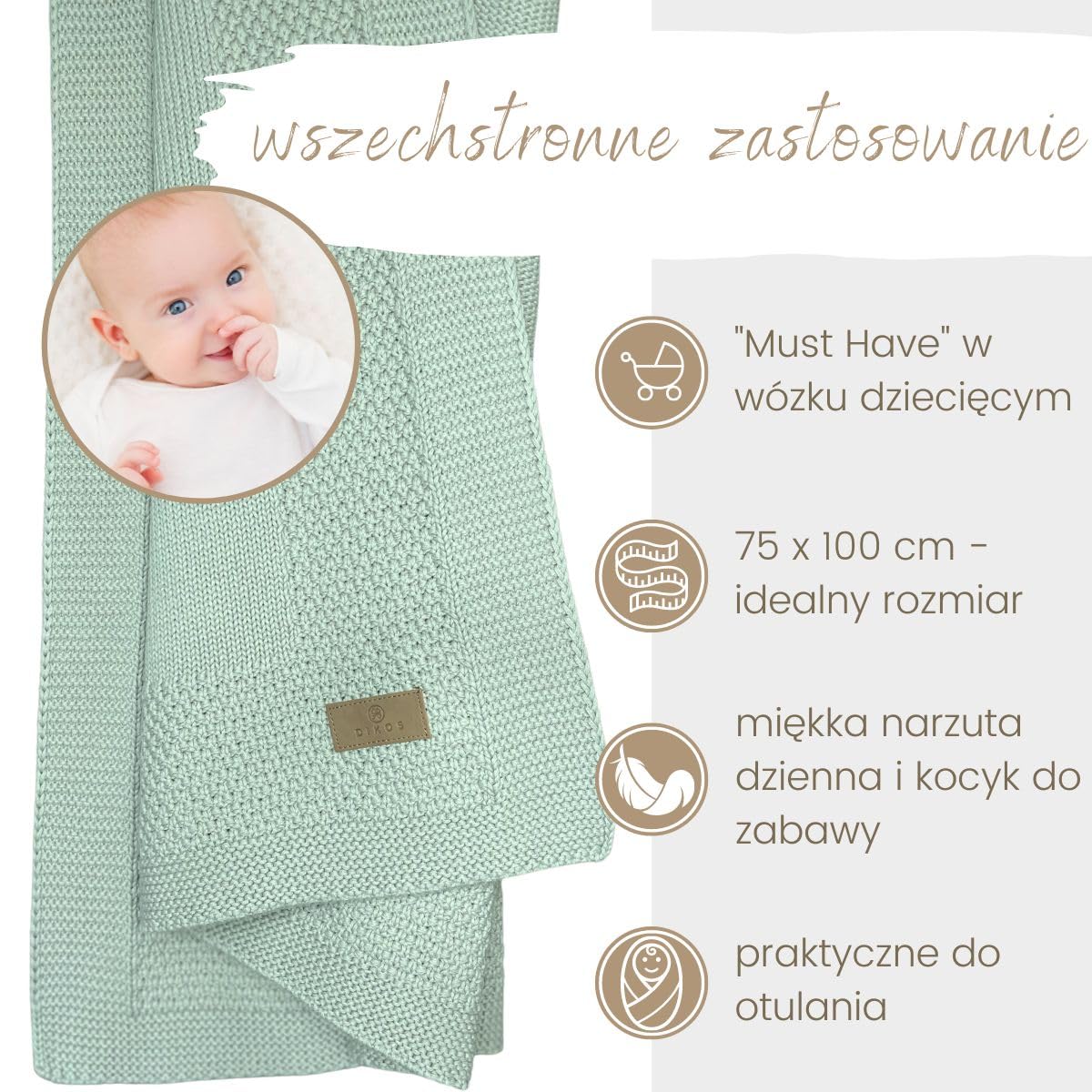 DIKOS Kocyk dziecięcy z bordiurą (miętowy) – dziergany z miękkiej 100% bawełny ekologicznej (GOTS & Oeko-Tex 100) – oddychający koc dla noworodków, chłopców i dziewczynek – piękny prezent z okazji