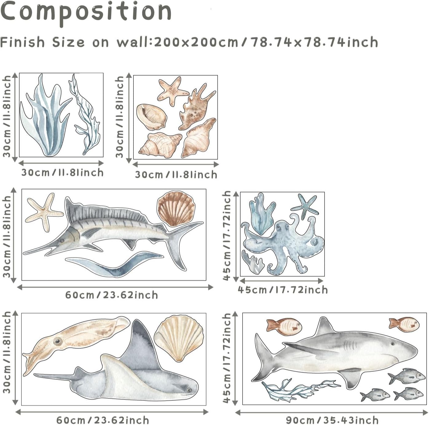 QUCHENG Ocean Wall Decals Marine Animal Boys Bedroom Large Stickers Removable Whale Decor Nursery Kids Room Murals DIY Cute Decorations