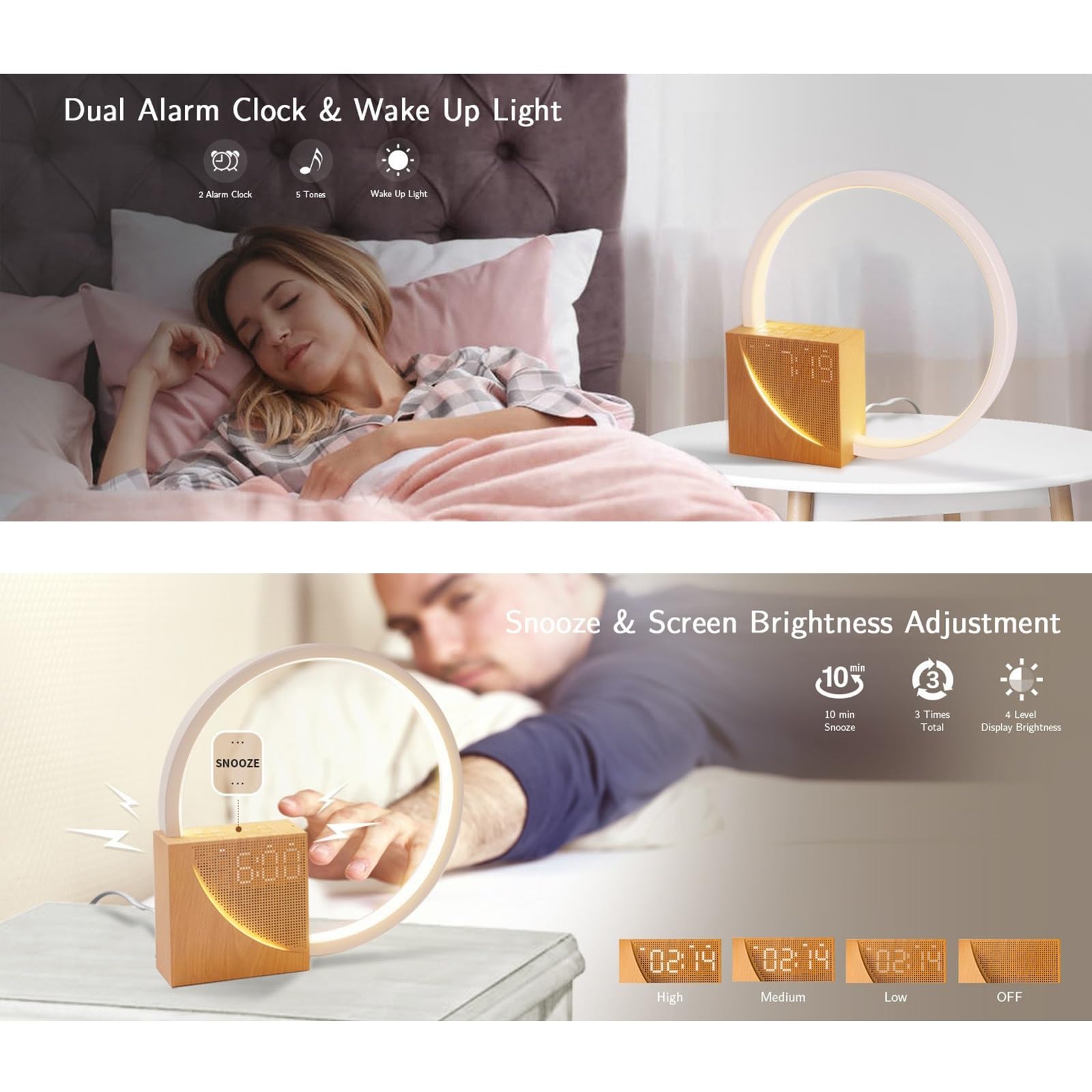 Réveil Lumineux Wake Up Light Sunrise avec Double Alarme, Sons Naturels, Veilleuse Réglable, Lampe De Chevet à Commande Tactile pour Un Réveil En Douceur