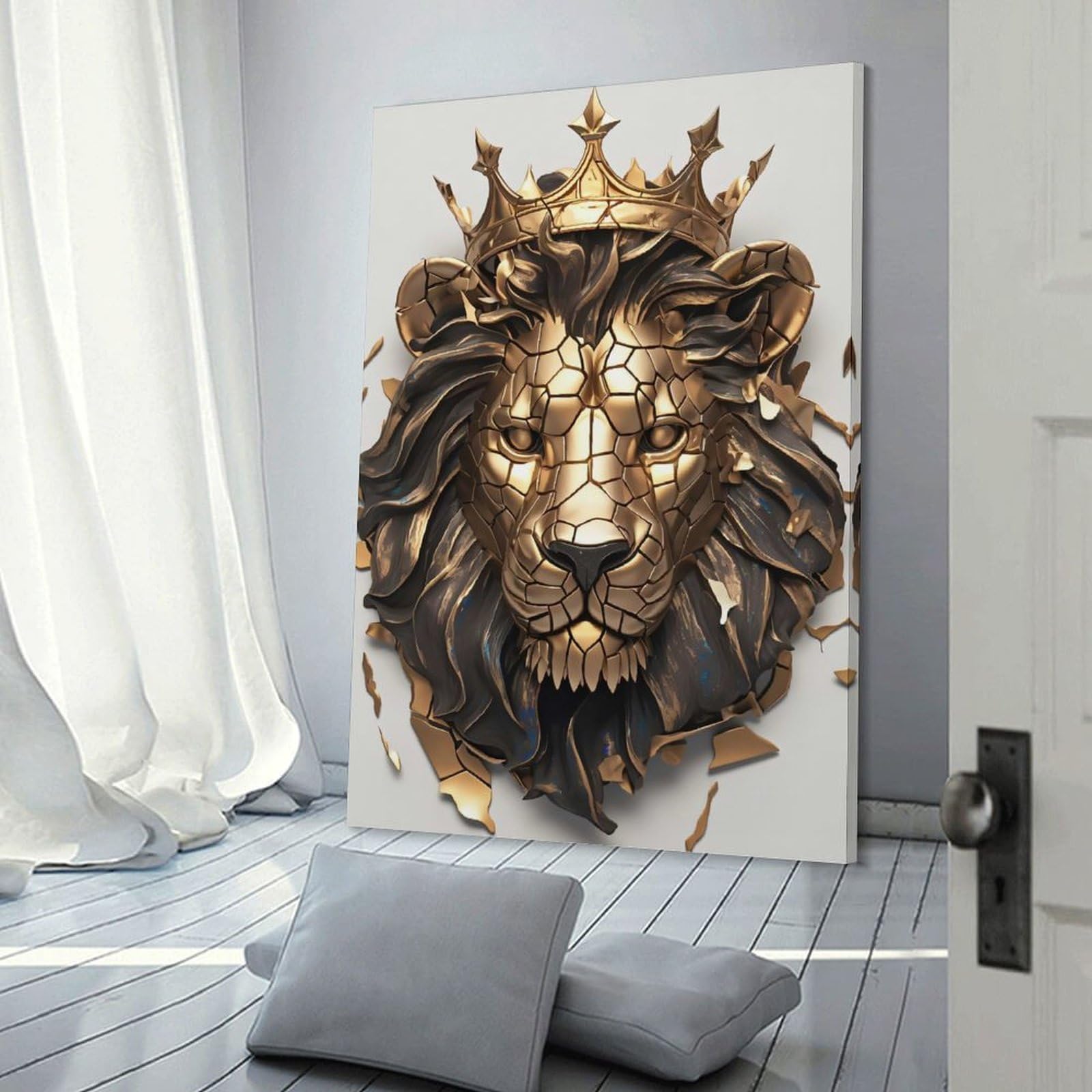 Junmoney Frame-Style-18-1 Golden Lion Head With Crown Wall Picture Print 20X30inch(50X75cm), For Entryway, Lounge Links Or Small Walls, Decorative Wall Art For Narrow Spaces