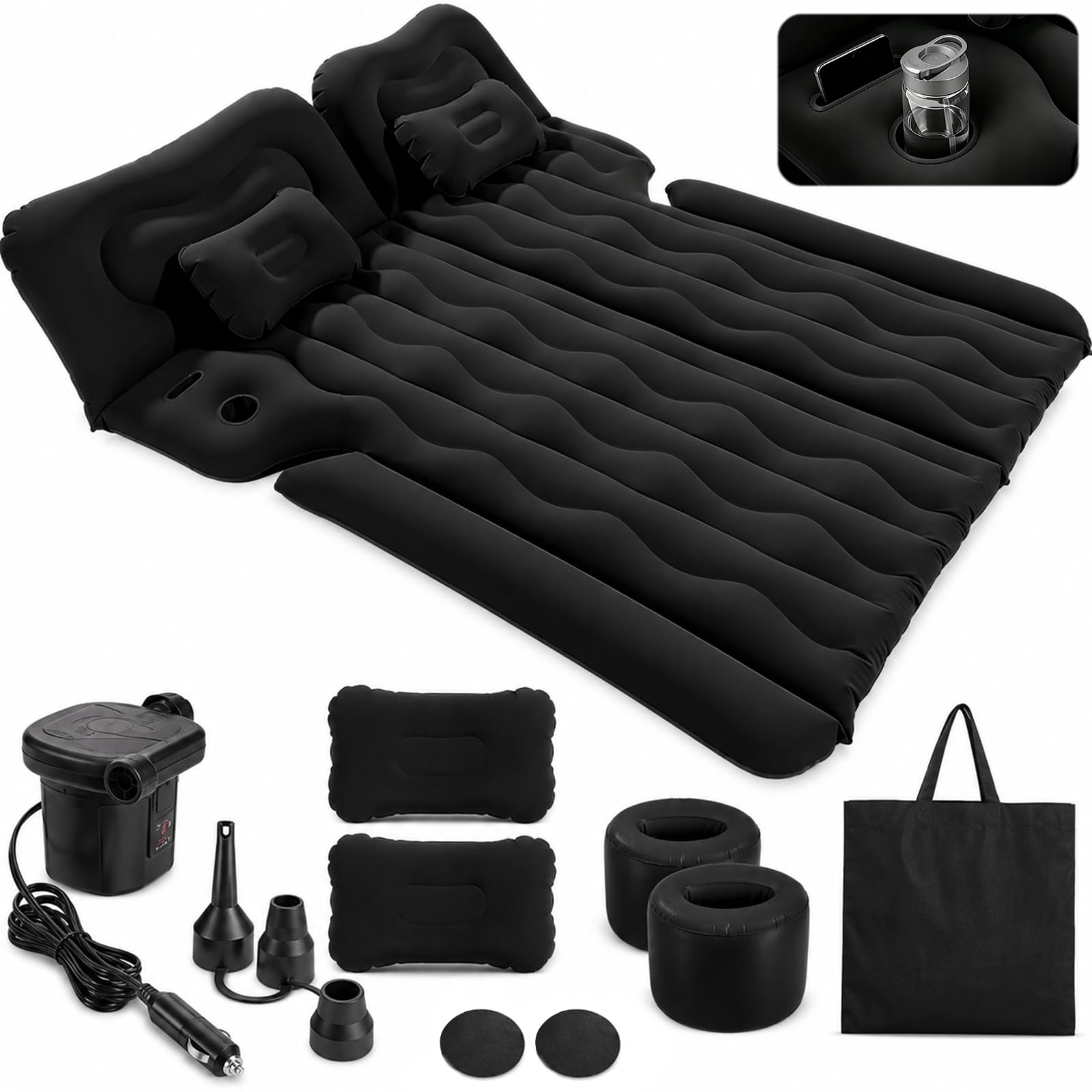 Colchon Coche, 1.75 * 1.35M Colchón para Coche Asiento Trasero, Incluye Bomba de Aire 2 Almohadas, SUV Colchón Hinchable, Tejido Grueso, Colchón Aire Coche para Viaje Camping (Negro)