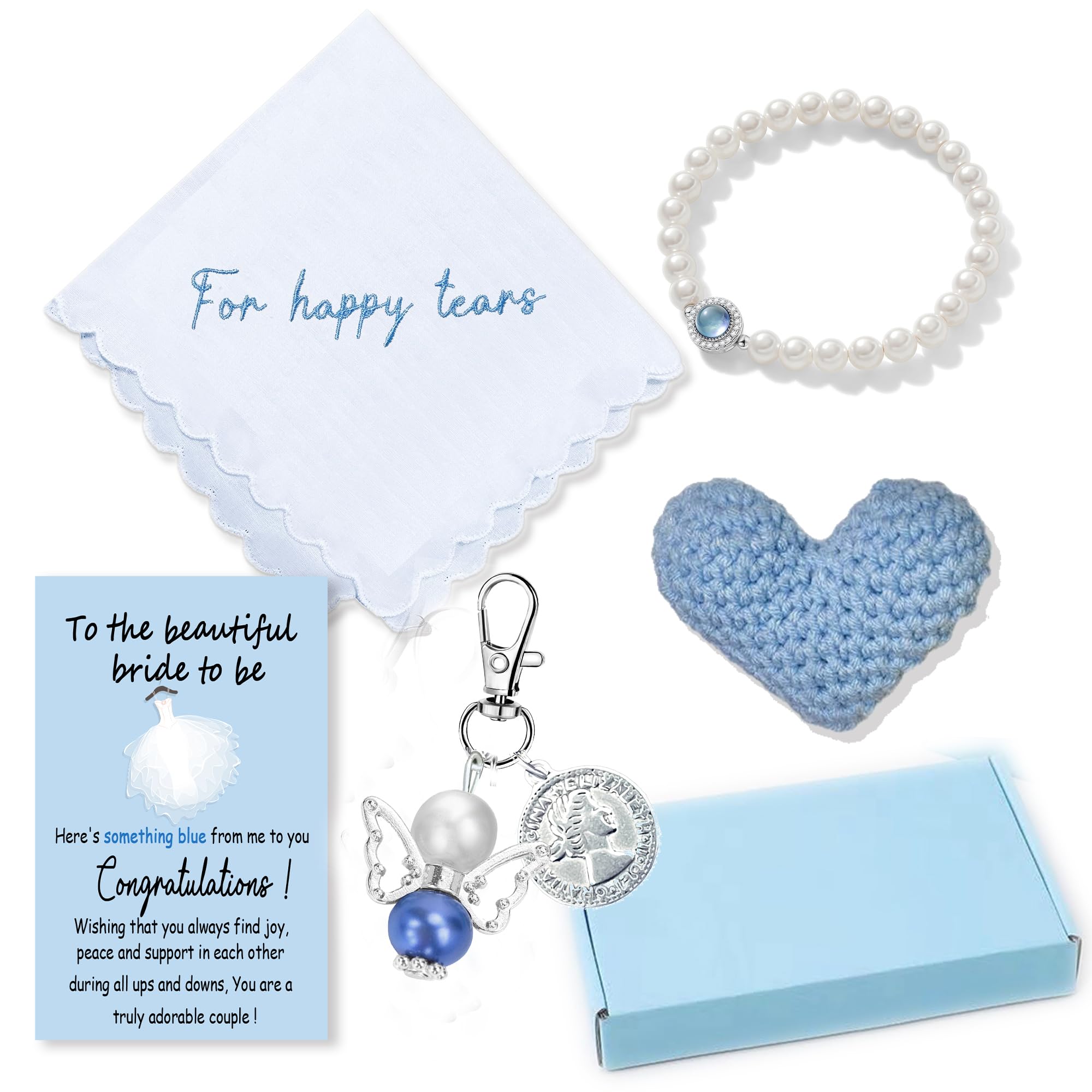 Set of 6 Something Blue Wedding Gift for Bride Embroidered Handkerchief Angel Bouquet Charm Wedding Jewelry Bracelet Crocheted Heart Sweet Card Gift Box