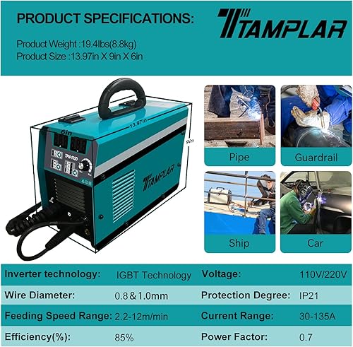 Miniatura 8 de TTAMPLAR Soldador MIG - 135AMP 110V y 220V Voltaje Dual 4 en 1 Flux MIGalambre sólidoStick ARCLift TIG Gassoldadura sin gas, IGBT Inverter Soldadora