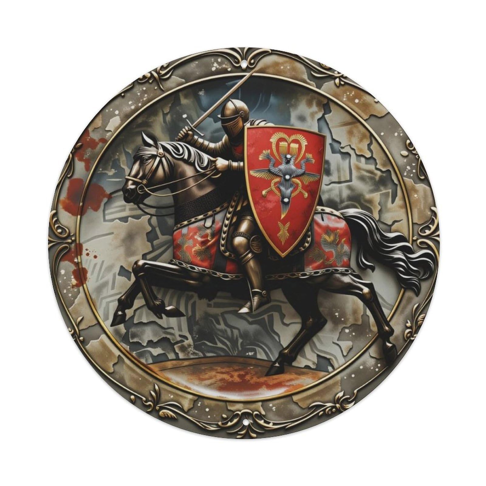 European Vintage Medieval Knight Round Decor Sign Vintage Aluminium Metal Sign, Retro Wall Decor for Home, Bar, Garage & Farmhouse 20x20cm