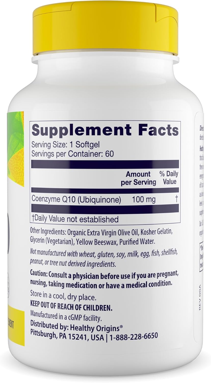 Healthy Origins® CoQ10 100 mg – Natural Trans-Isomer Ubiquinone – Yeast Fermented, Supports Heart Health & Cellular Energy – Non-GMO 60 Softgels - Image 2
